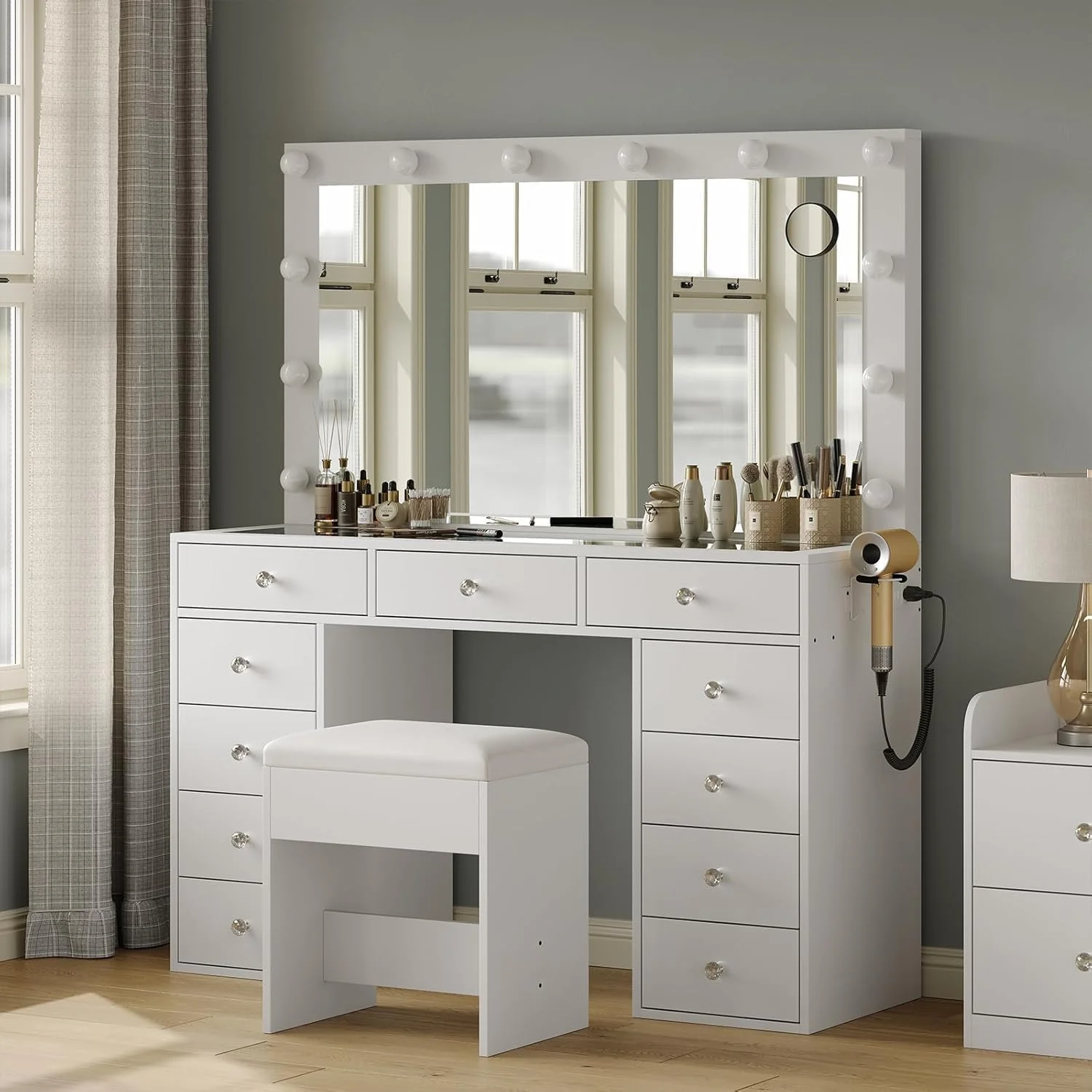 White Vanity Desk with Illuminated Mirror Power Outlet, 11 Drawers Vanity Table with Chair, Makeup Vanity with 12 LED Lights, Tempered Glass Top, Dressing Table for Bedroom,Dressing Room(White) - Image 2