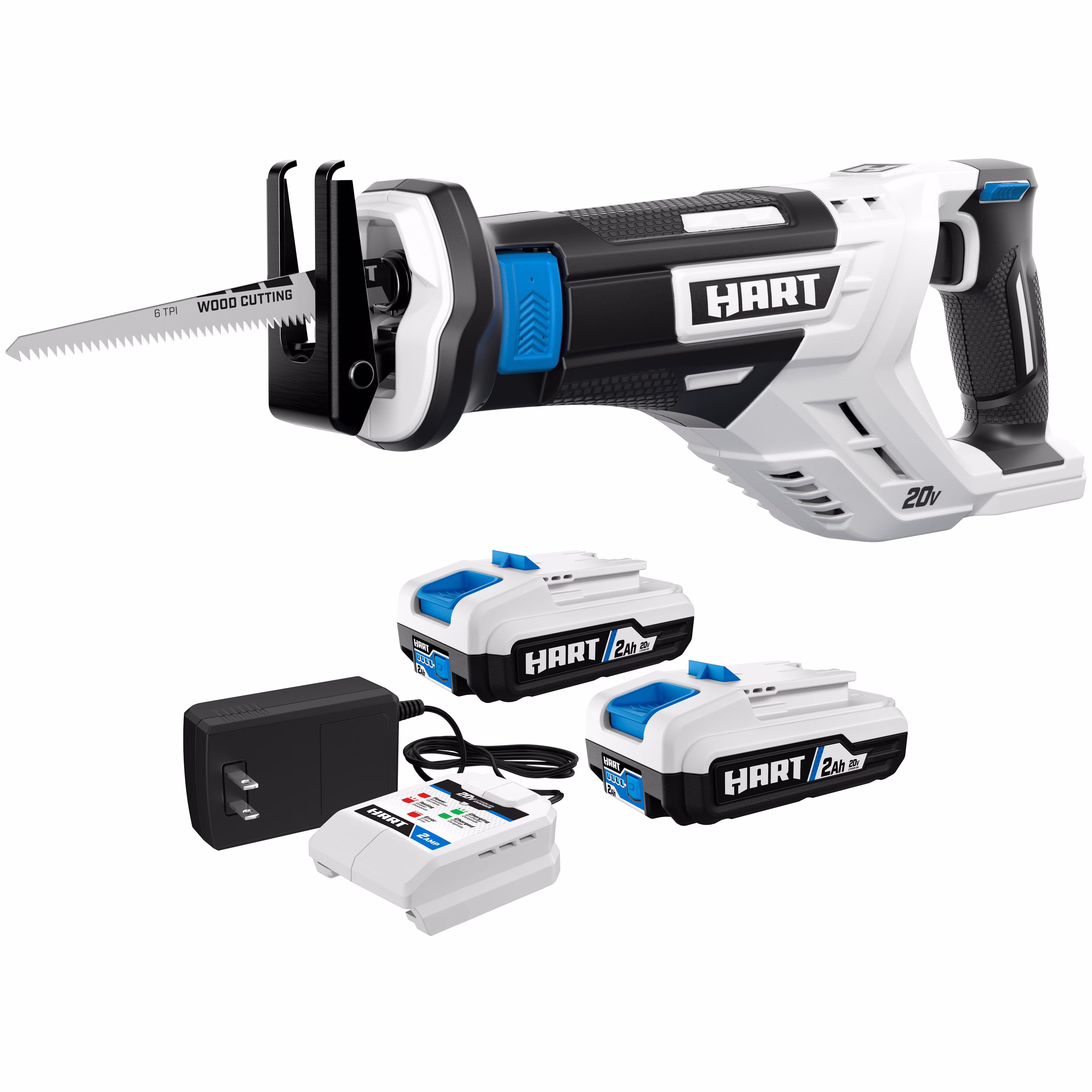 HART 20-Volt Reciprocating Saw with 2-Pack 2Ah Battery and Charger Starter Kit Bundle