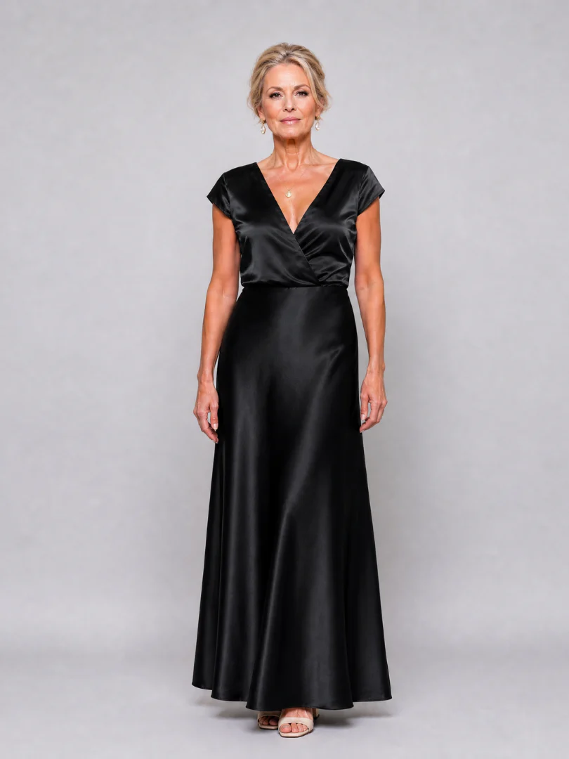 Mature woman wearing black wrap top with satin skirt for evening