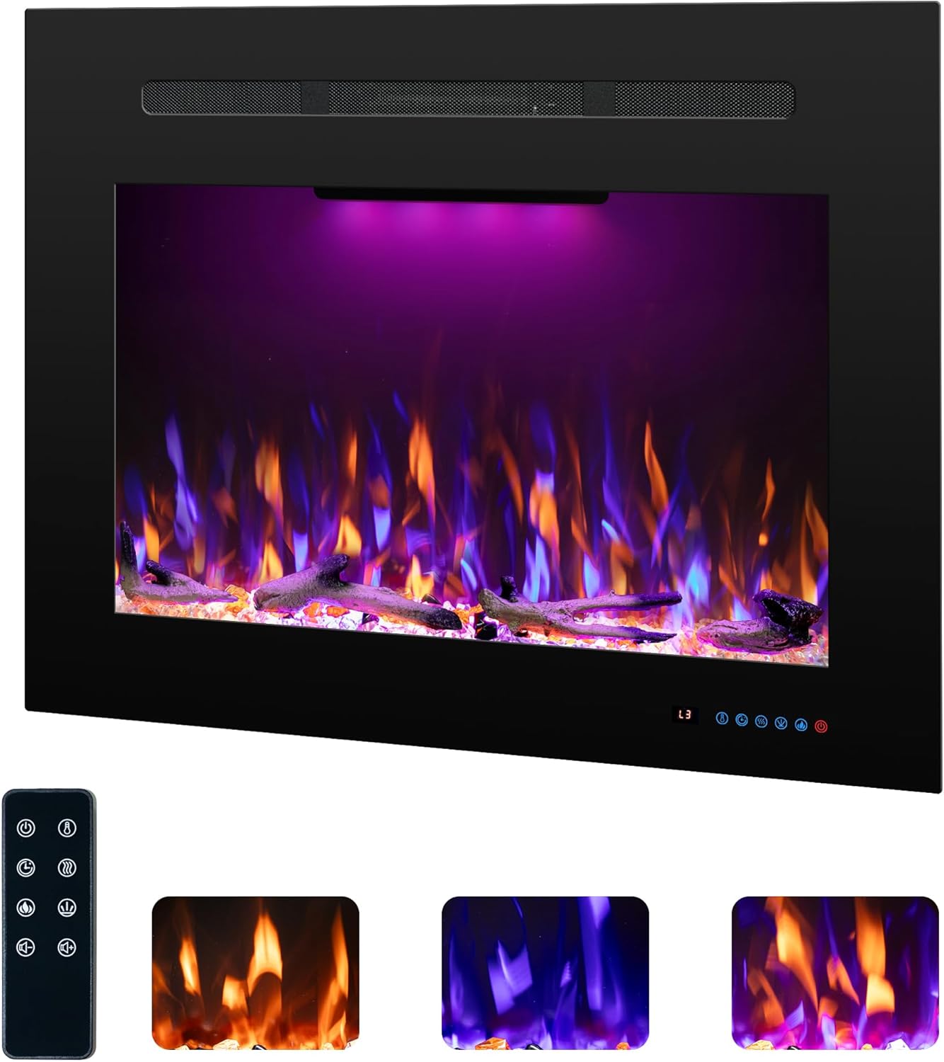 Electric Fireplace Inserts with 3 Flame & Top Light Color, Recessed Fireplace Heater with Thermostat, 750/1500W, Crackling Sound, Logs & Crystals, Timer, 32.2