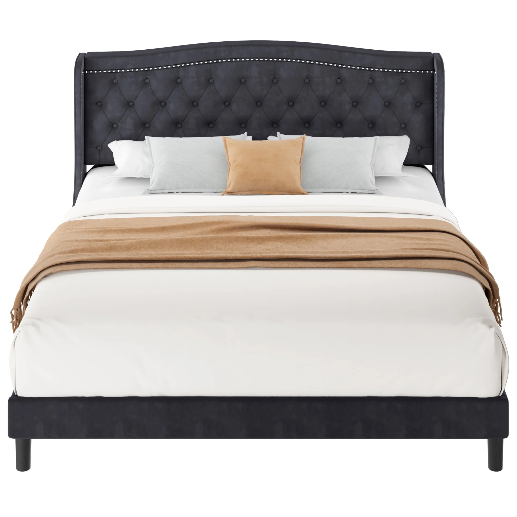 Homfa King Size Bed Frame, 6.3" H Modern Bed Frame with Wing-Back Button Tufted Upholstered Headboard Solid Wood Slats for Bedroom, Dark Gray(Full/Beige)