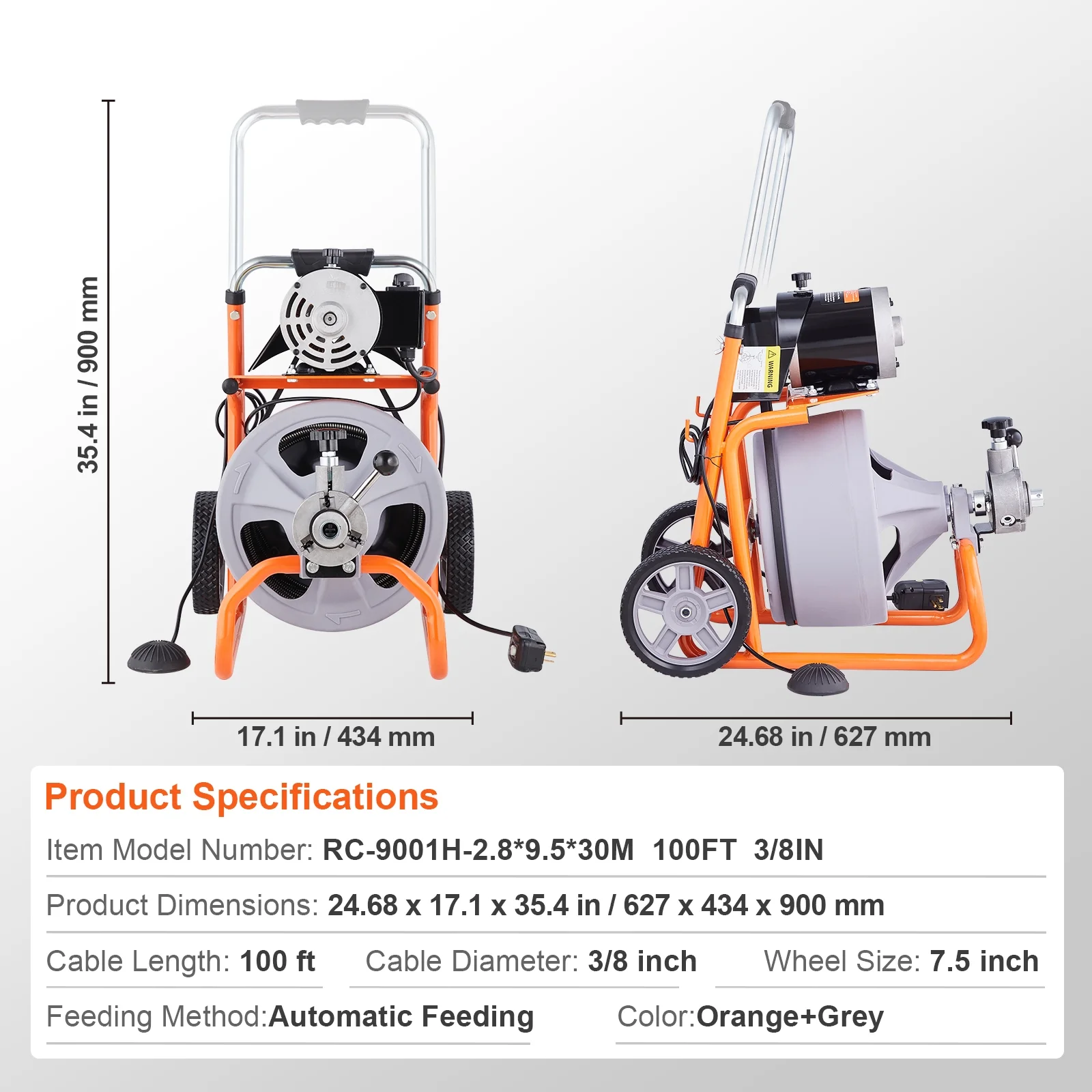 Sewer Snake Auger, 100FT x 3/8 Inch with Auto Feed, Mounted on Wheels, Includes 8 Cutters Foot-operated Air Switch, Ideal for Clearing 2"-4" Pipes - Image 3