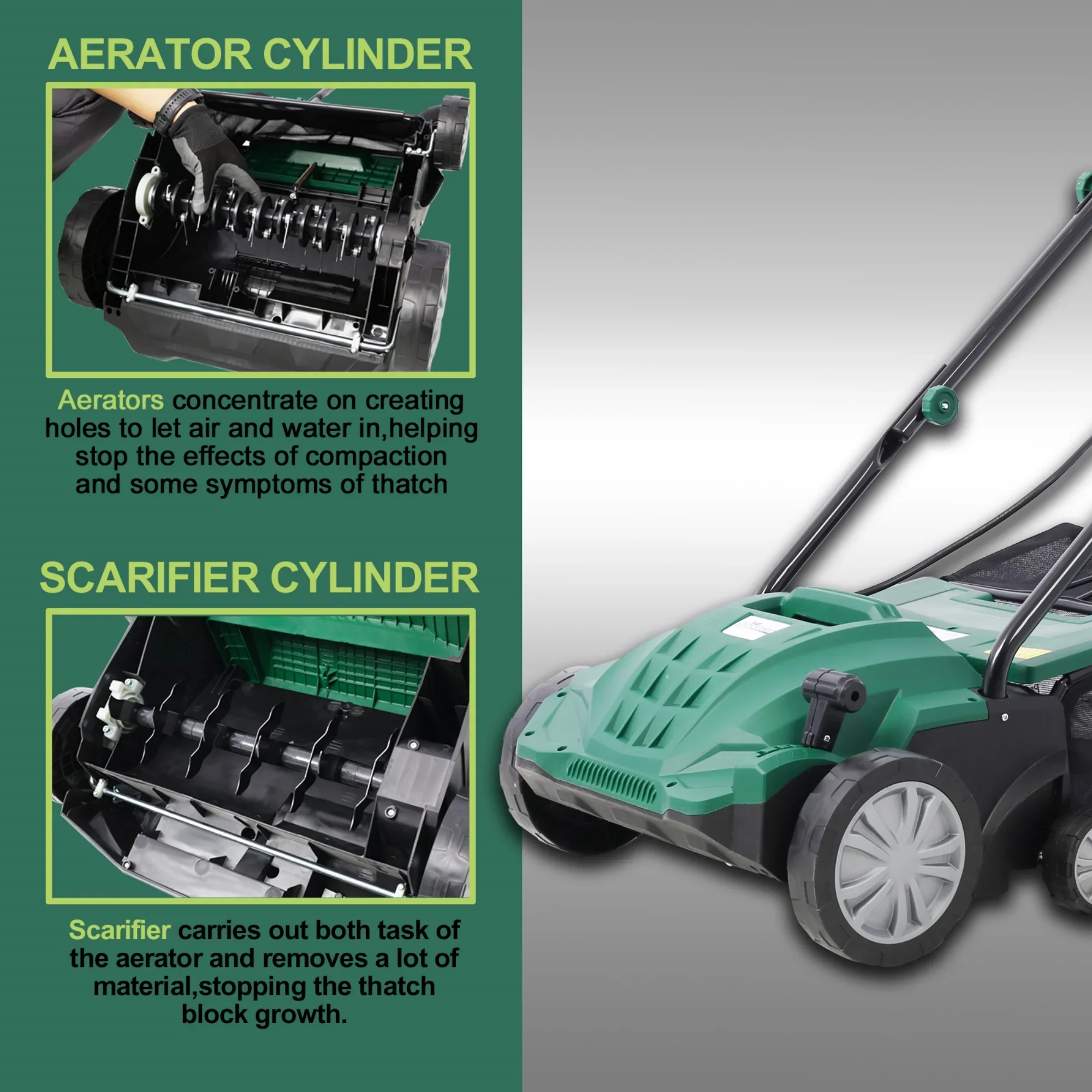 2-in-1 13 Dethatcher & Scarifier, 12 Amp Electric Garden Lawn Mover, Removable Collection Bag extra large 32QT