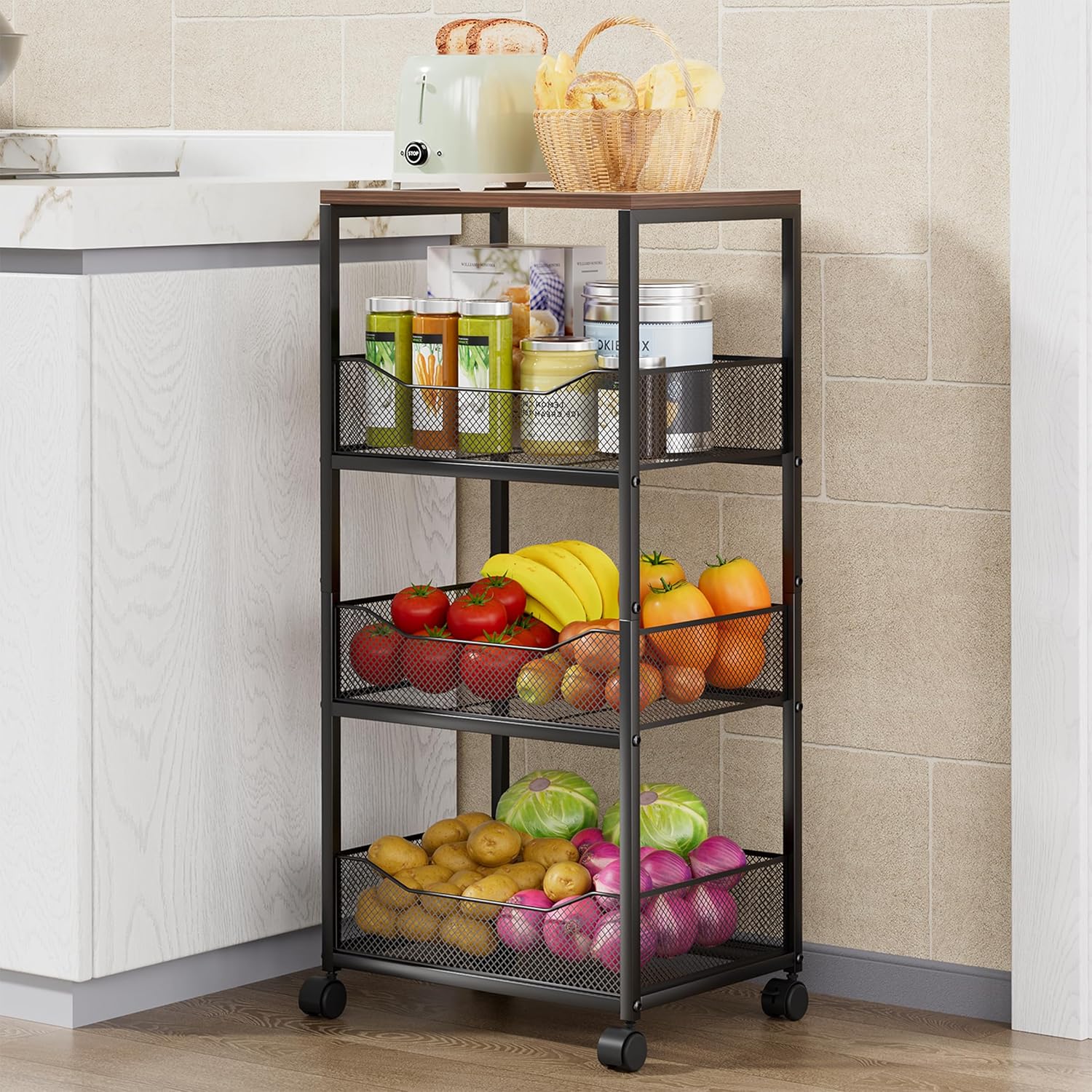 HapiRm Fruit Basket Kitchen Cart - 4-Tier Rolling Storage Cart with Wheels, Fruit Vegetable Basket with Wooden Top, Pantry Utility Kitchen Organizer for Fruit, Potato, Onion, Vegetables, Bread, Snacks