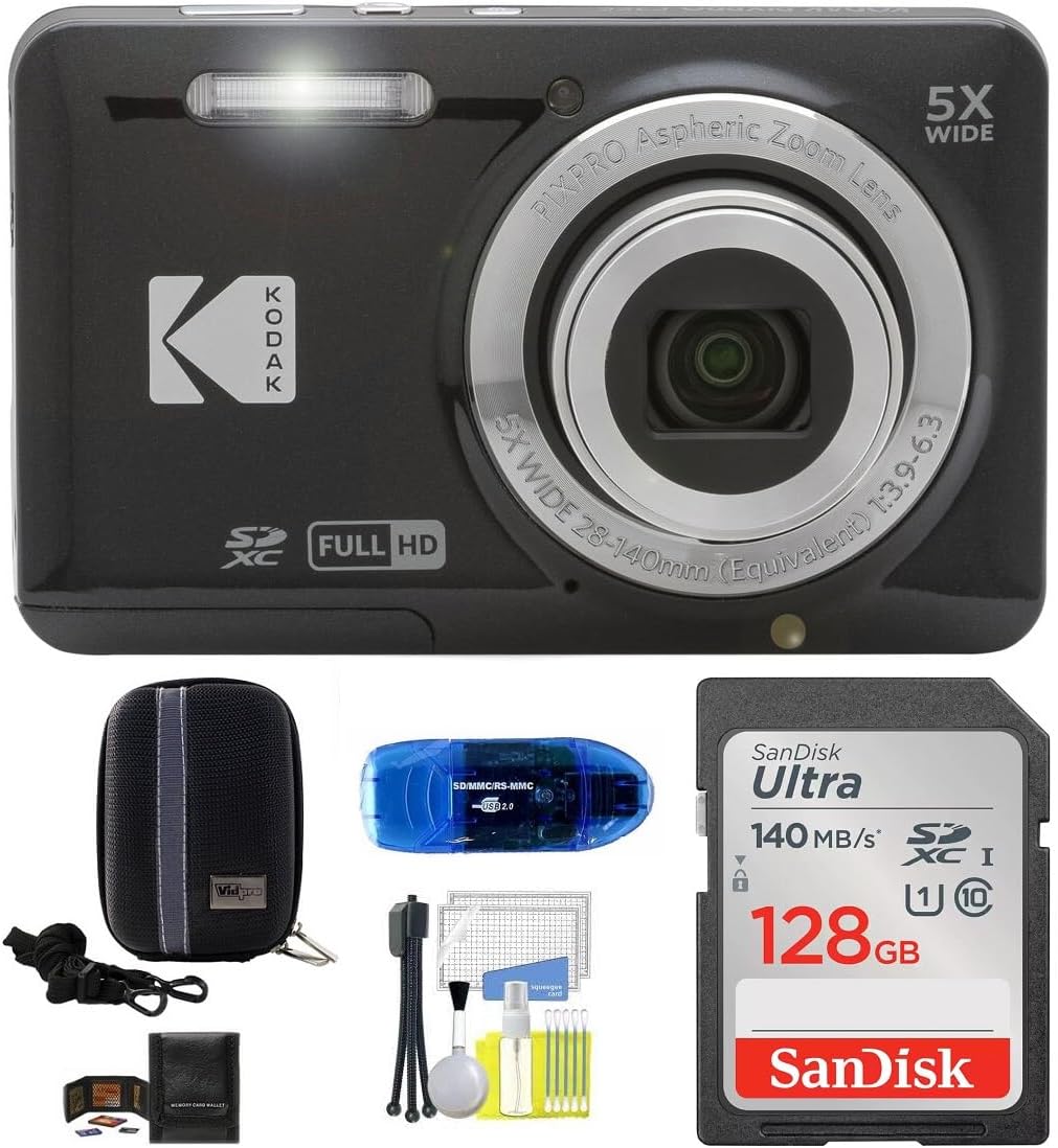 Kodak Pixpro FZ55 Digital Camera (Black) Bundle  Includes: SanDisk 128GB Memory Card  Hard Shell Camera Case  SD Card Reader and More (6 Items)