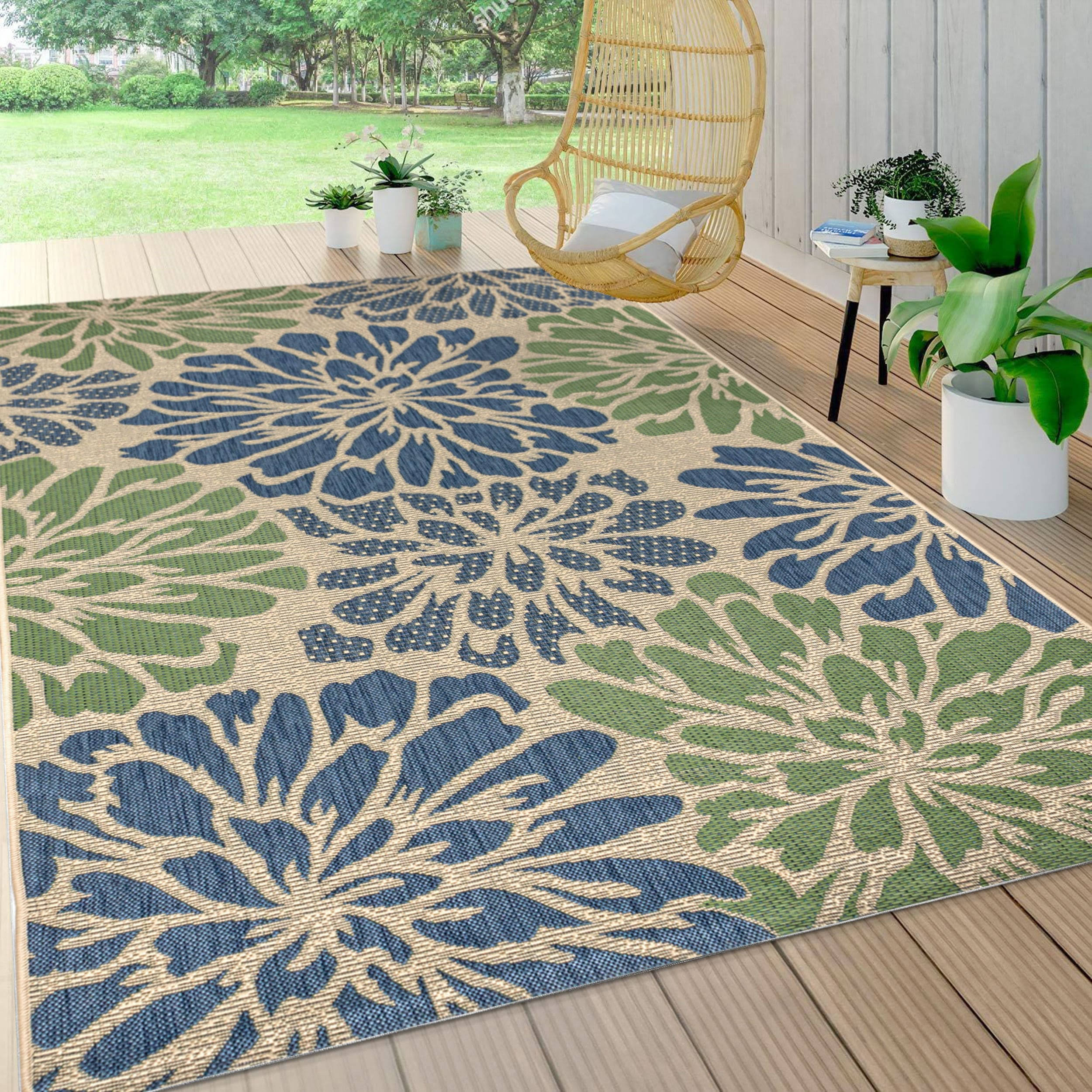 Jonathan Y Zinnia Modern Floral Textured Weave Indoor/Outdoor Area Rug - Navy/Green - 3x5 Feet