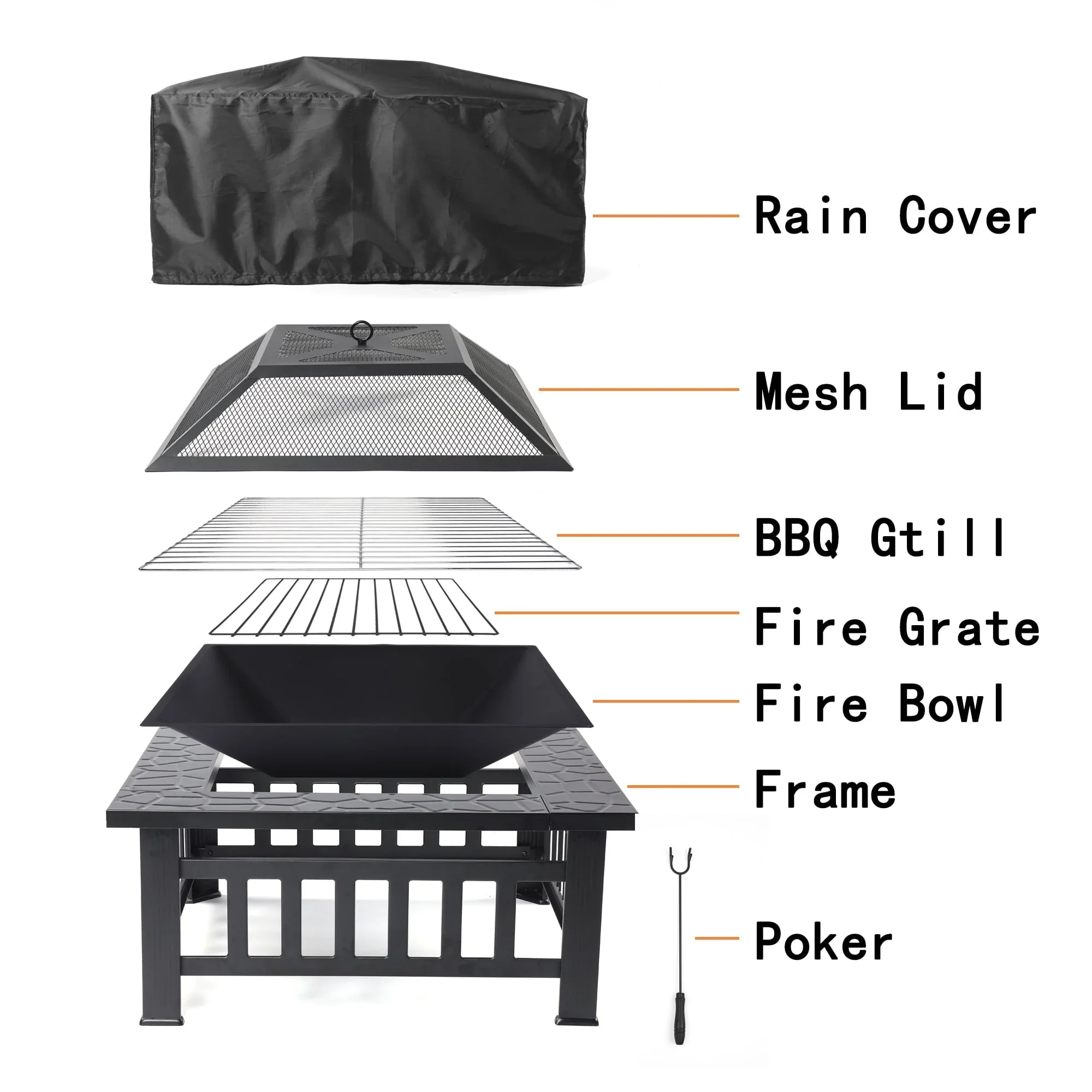 Wood Burning Fire Pits for Outside, 32 Square Iron Fire Pit Backyard Patio Garden Stove Wood Burning Fire Pit w/ BBQ Net, Waterprrof Cover, Mesh Screen Lid, Wood Grate, Poker, Durable Fire Pit