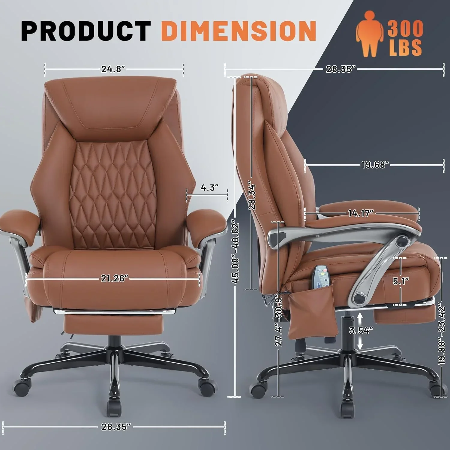 Fauteuil de bureau massant avec chauffage et repose-pieds, fauteuil de bureau ergonomique inclinable de direction