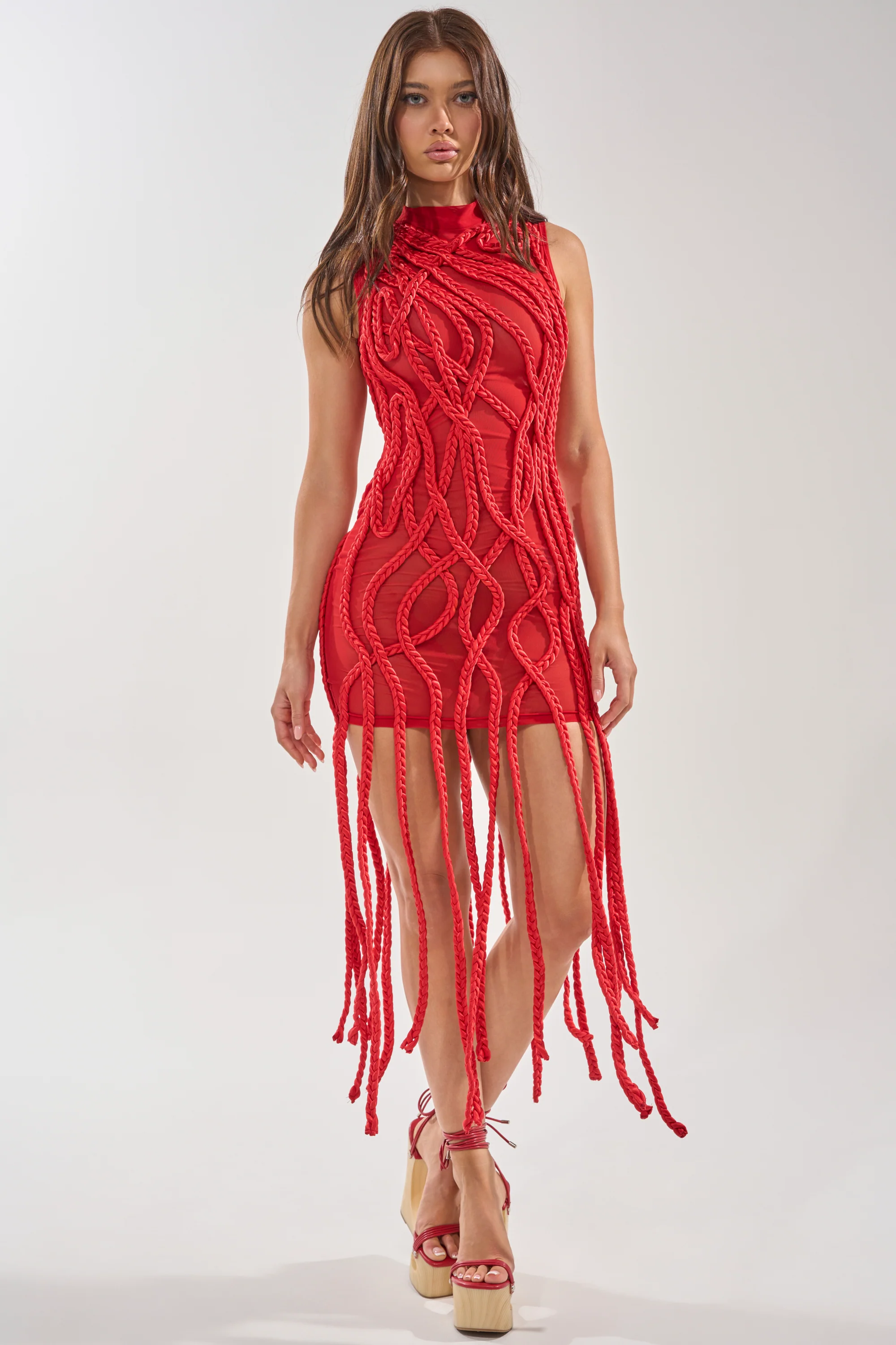 STUCK ON YOU BRAIDED MINI DRESS IN RED - Akira Store
