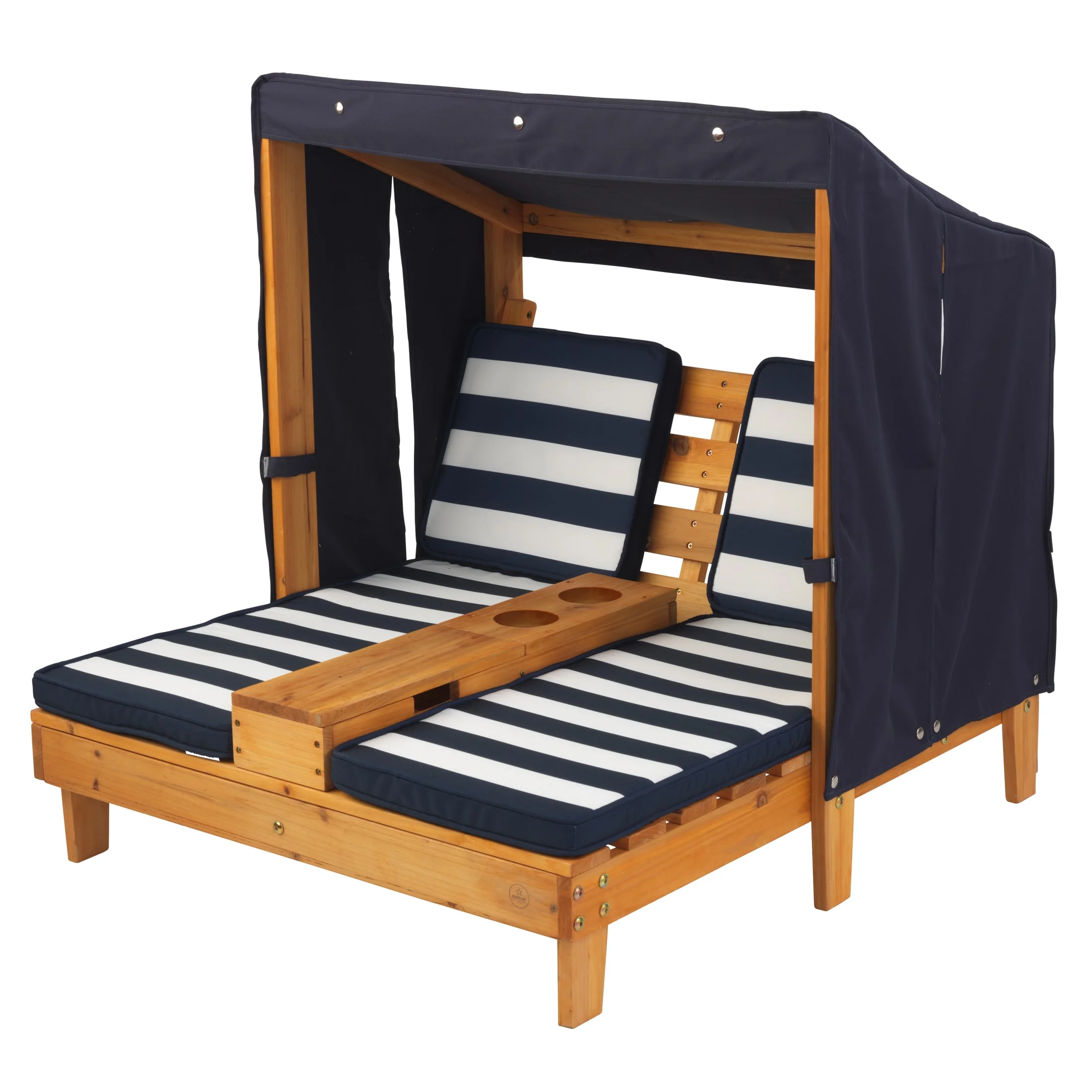 Wooden Outdoor Double Chaise with Cup Holders, Kid's Furniture, Honey Navy(Honey) - Image 2