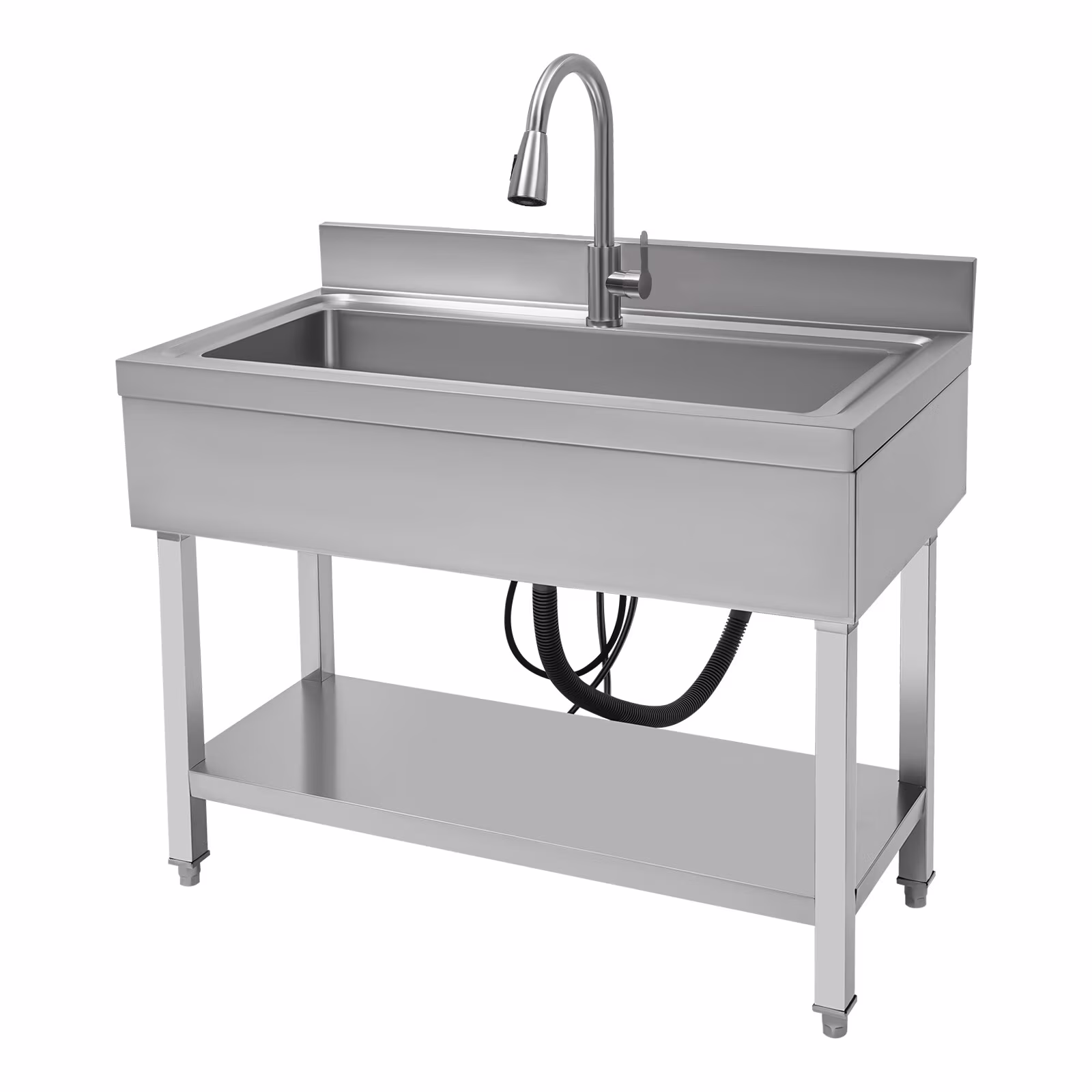 Loyalheartdy Stainless Steel Commercial Sink Freestanding Single High Capacity Utility Sinks with Pull-Out Faucet & Storage Shelf for Kitchen Laundry Room Garage Outdoor Garden 36 x 20 x 49