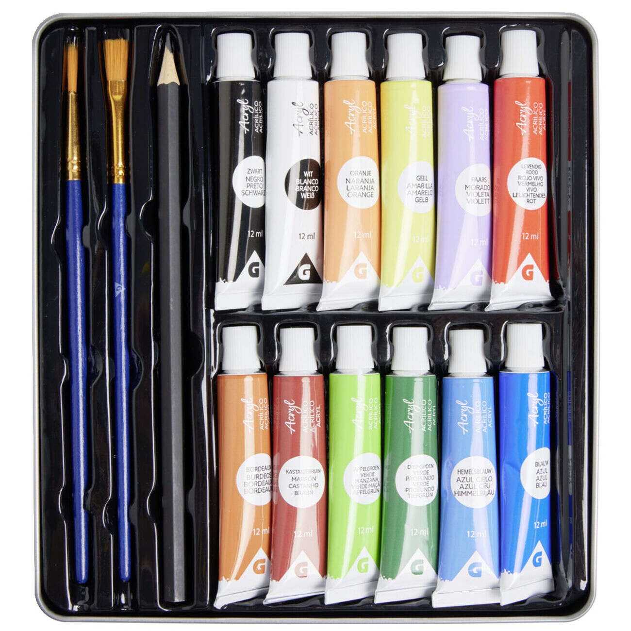 Kit tube de peinture acrylique 12x12ml avec 2 pinceaux et 1 crayon de bois