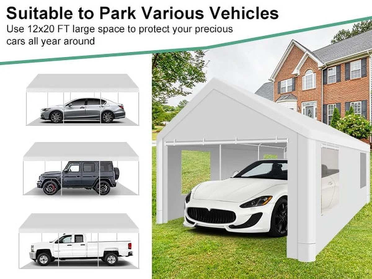 Hoteel 12'x20' Large Heavy Duty Car Tent with Steel Frame, Portable Garage Wedding Tent Gazebo Big Tents Carports Shelter with Waterproof Top Cover, All-Season Tarp for Outdoor Party Birthday, White(12??0 with Sidewalls/White)