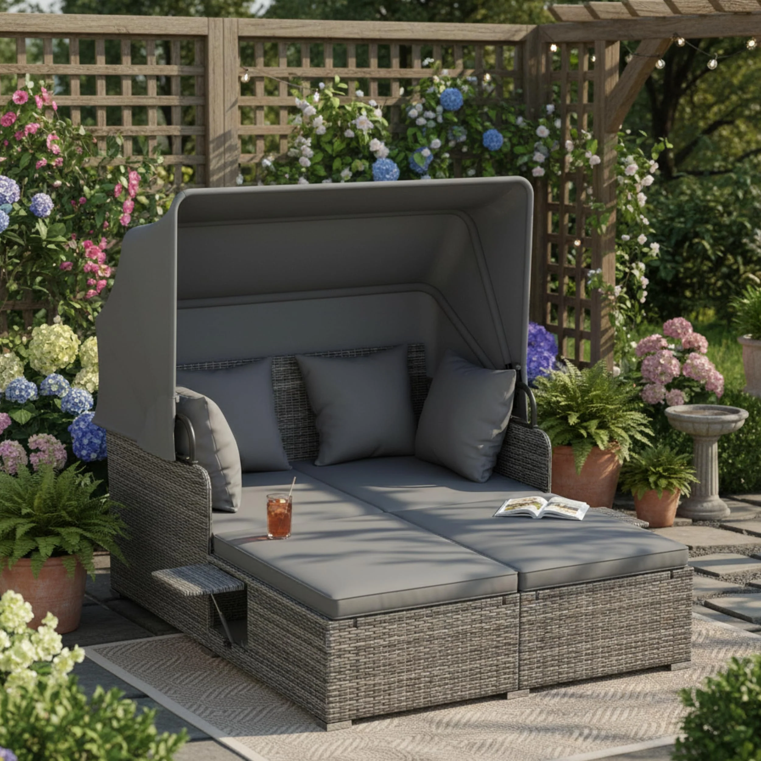 Tangkula Outdoor Wicker Sunbed Lounger with 2 Foldable Side Tables