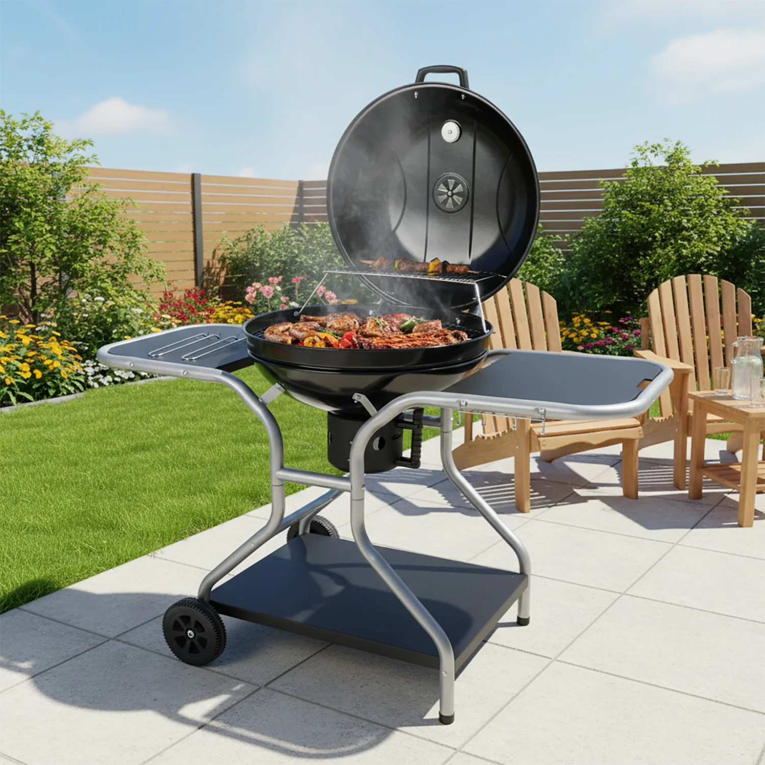 GUSTO CASA - Barbecue a Carbone con Coperchio Smaltato e Griglie in Acciaio Cromato - h95x133x64 cm