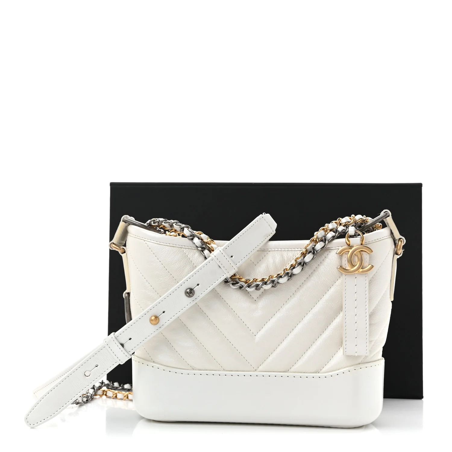 Iridescent Aged Calfskin Chevron Quilted Small Gabrielle Hobo White