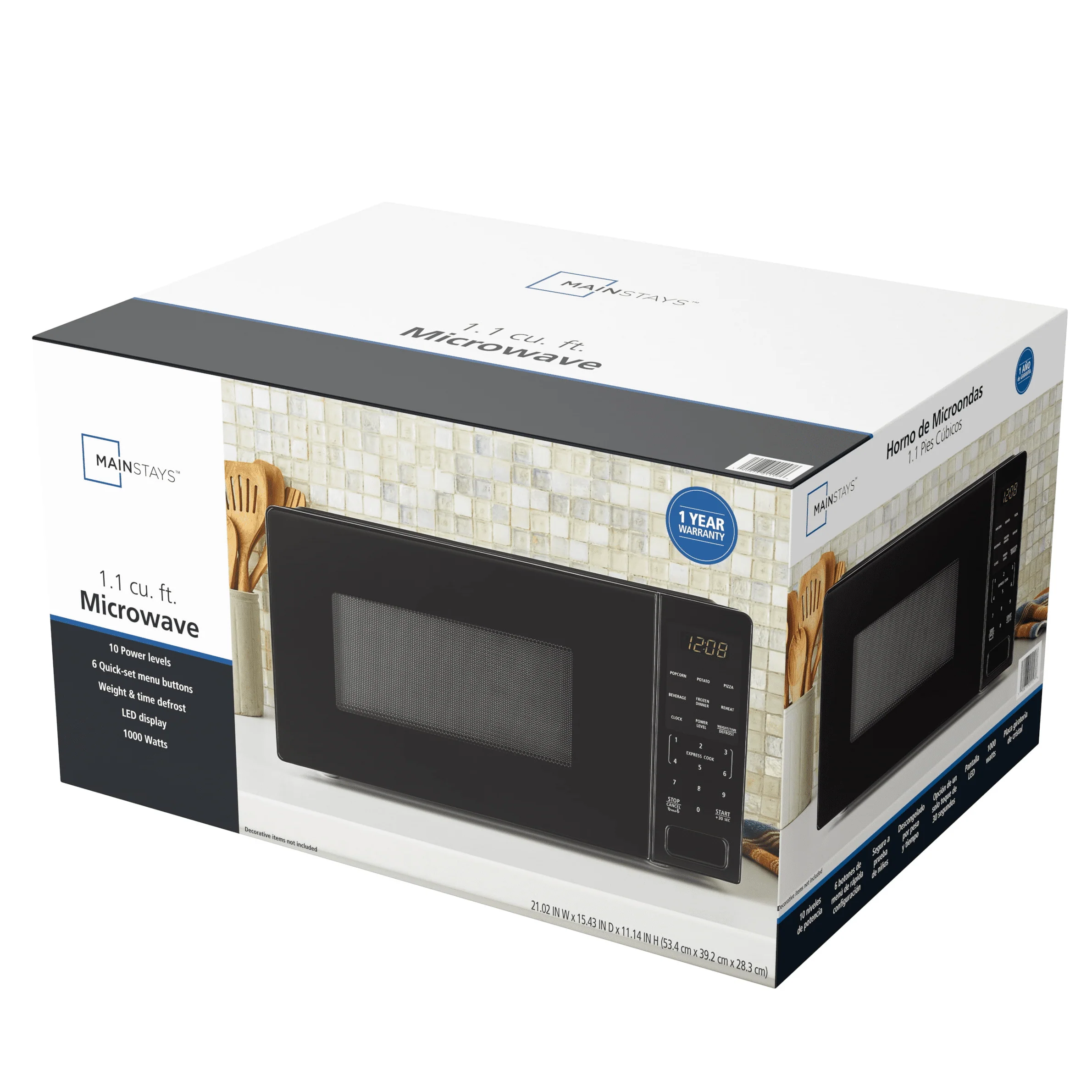 Mainstays 1.1 Cu. Ft. Countertop Microwave Oven, 1000 Watts, Black, New