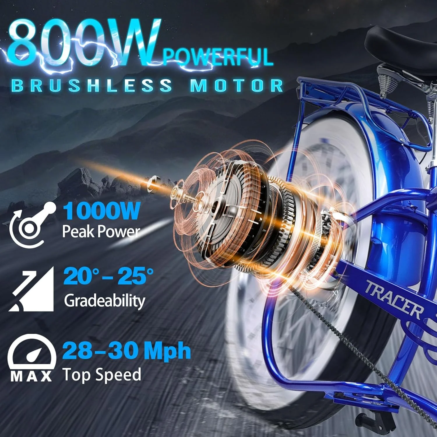 Twenty5 GT 800W Chopper Stretch Cruiser Ebike, 26" Wheels, Supsension Triple Tree Fork, White Wall Tire, Disc Brake, for Men, Blue Image 4