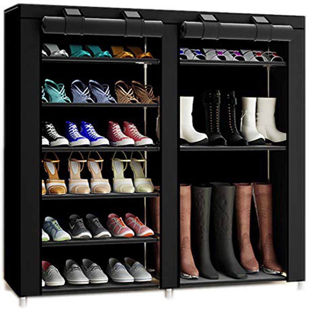 TXT&BAZ 27-Pairs Portable Boot Rack Double Row Shoe Rack Covered with Nonwoven Fabric(7-Tiers Black)