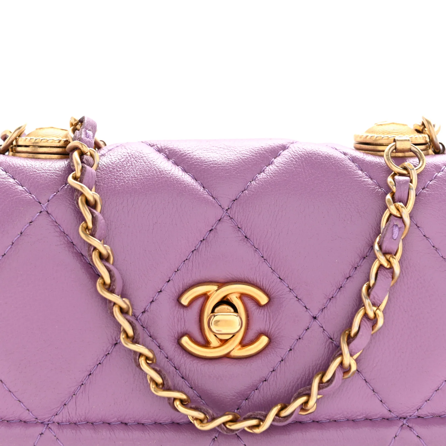 Shiny Lambskin Quilted Extra Mini Flap Purple