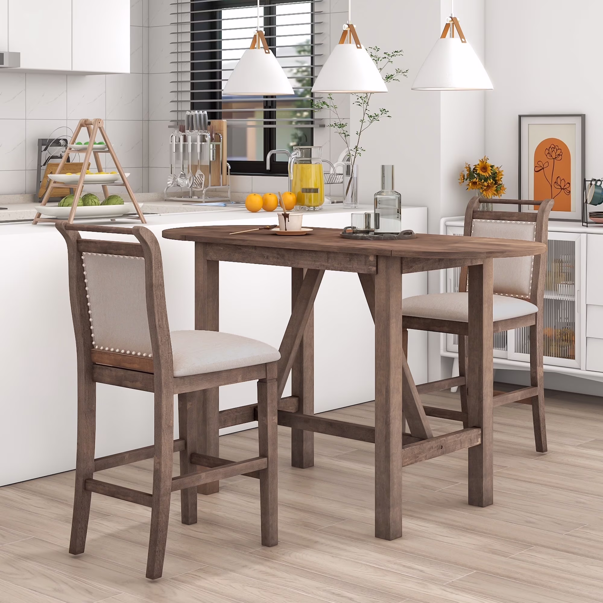 3 Piece Wood Folding Dining Table Set Drop Leaf Table with 2 Padded Counter Height Dining Chairs for Small Place, Brown(Brown)