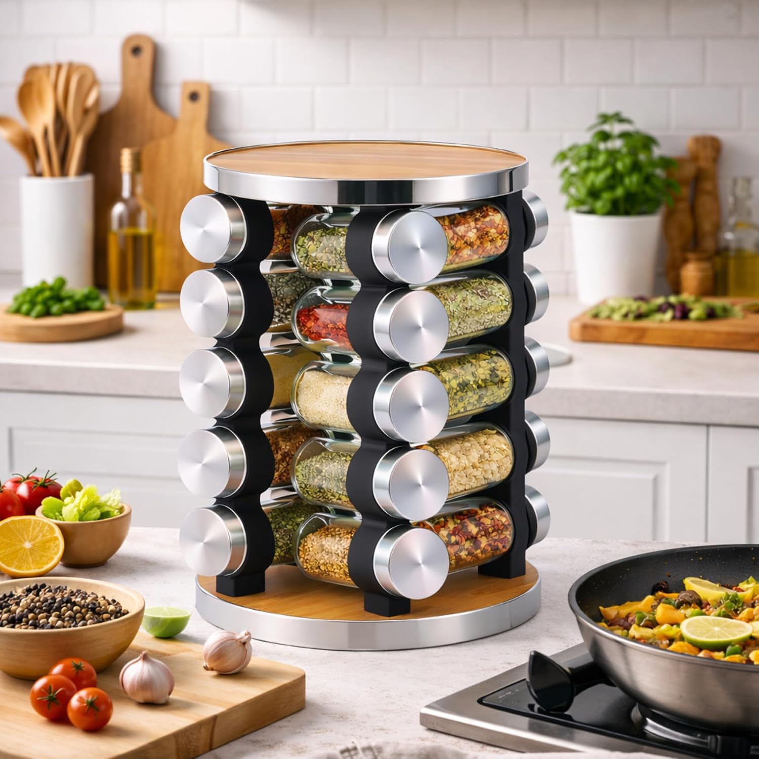 20 Jar Rotating Spice Rack, Wood & Stainless Steel Countertop