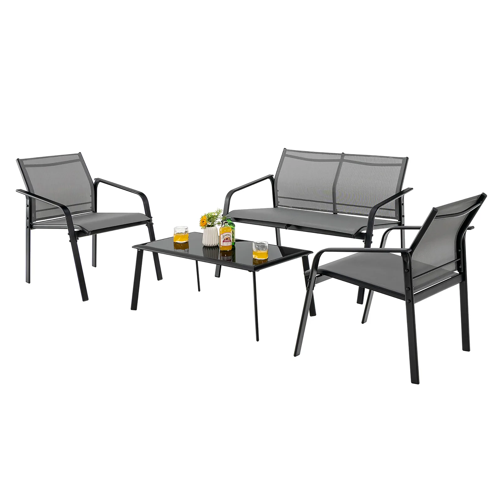 Costway 4 PCS Patio Furniture Set Loveseat Sofas Armrest Glass Table Deck Grey