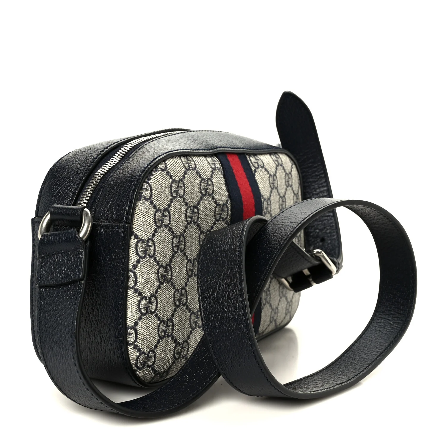 GG Supreme Monogram Textured Dollar Calfskin Web Small Ophidia Camera Bag Beige Blue