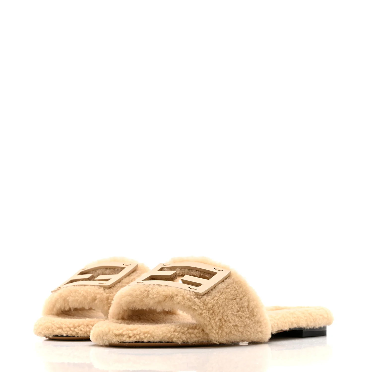 Shearling FF Baguette Slide Sandals 40 Beige Naturale