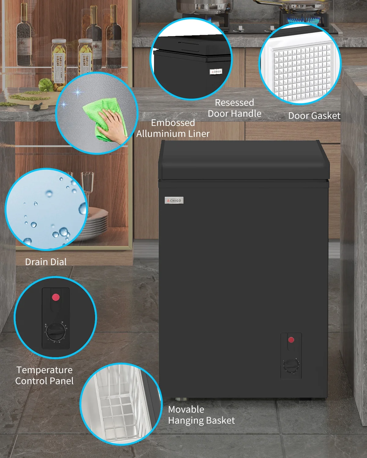 TABU Chest Freezer, 3.5 cu ft Deep Freezer, Garage Ready, Adjustable Temperature, Black