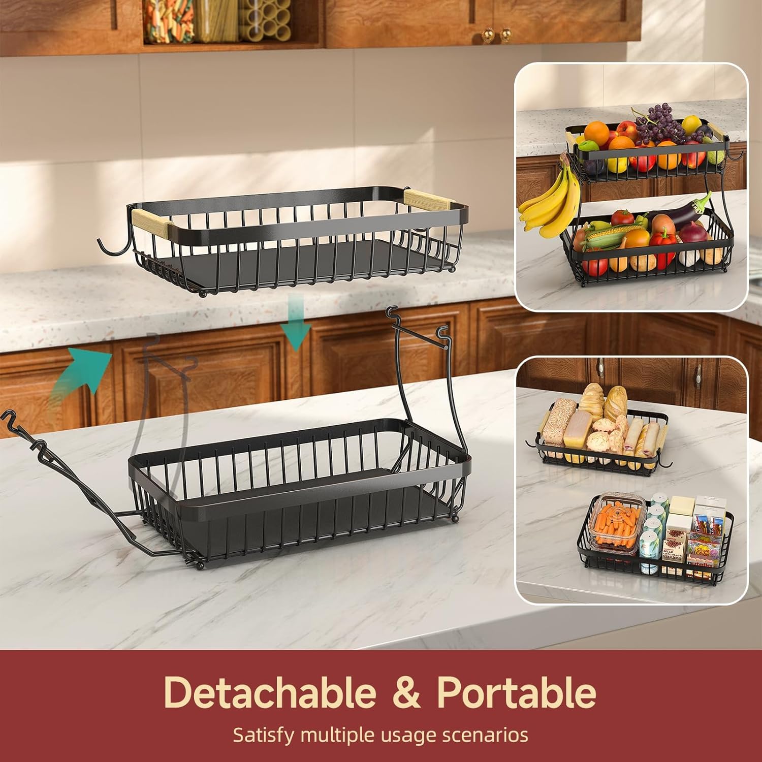 Sevenblue 2-Tier Fruit Basket with Banana Hangers, Detachable Metal Bowl