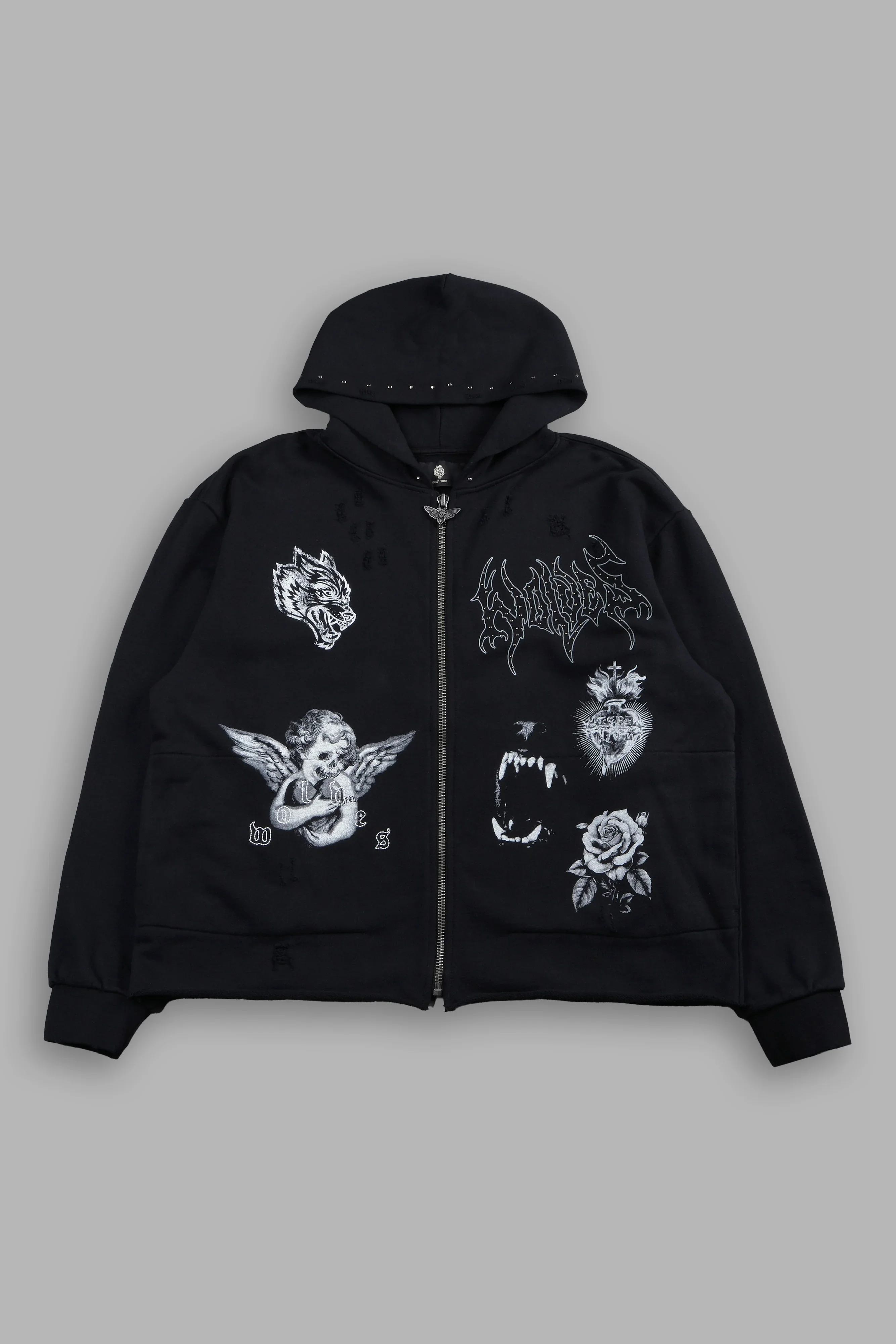 Darc Heaven Distressed Grunge Mid Length Raw Hem Zip Hoodie In Black