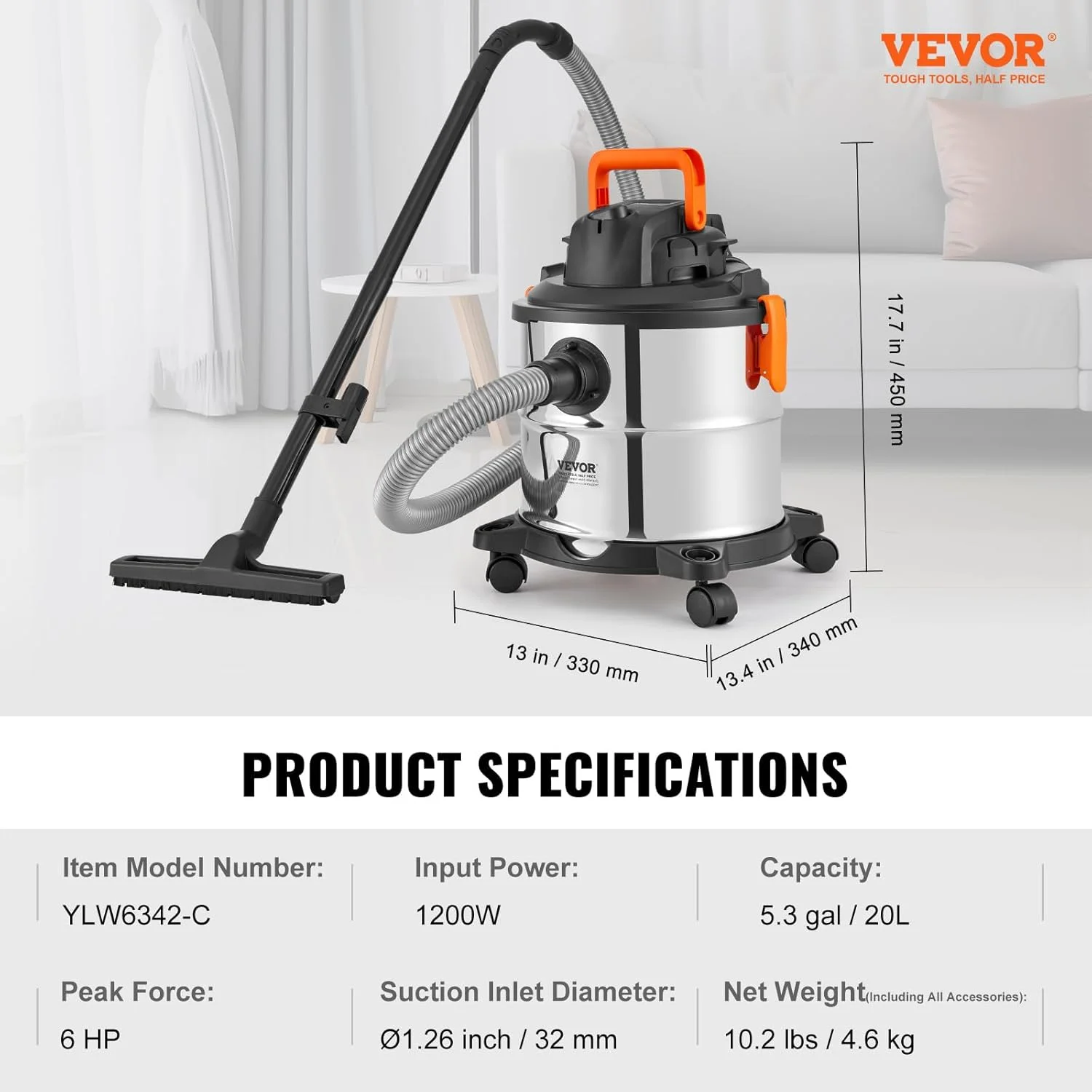 Stainless Steel Wet Dry Shop Vacuum, 5.5 Gallon 6 Peak HP Wet/Dry Vac, Powerful Suction with Blower Function w/Attachment 2-in-1 Crevice Nozzle, Small Vac Perfect for Carpet Debris, Pet Hair - Image 3