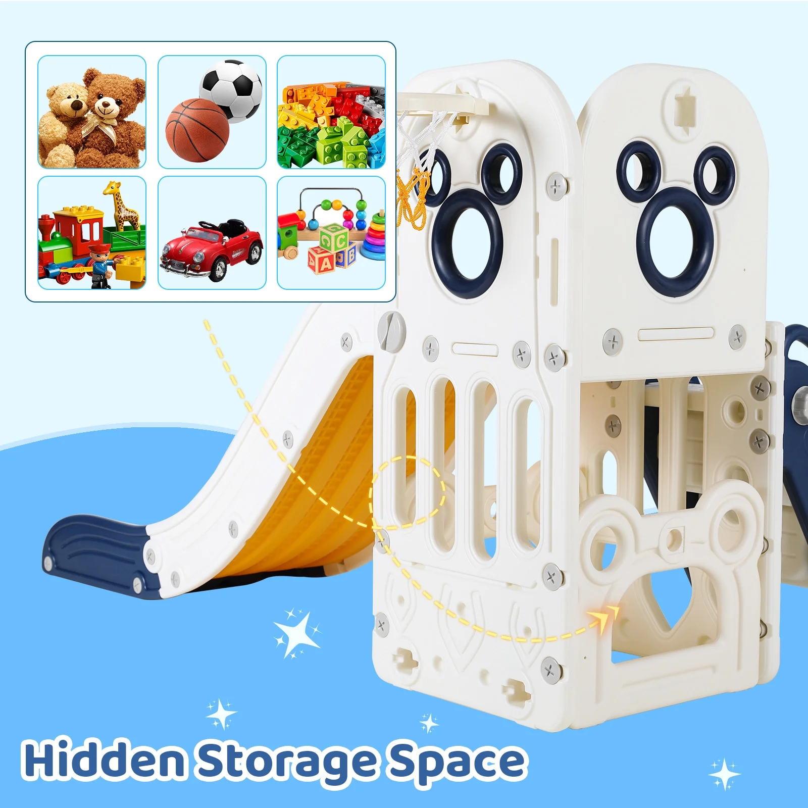 Sturdy Toddler Slide with Basketball Hoop Plastic Kids Slide Climber with Anti-Slip Steps Indoor Outdoor Children Toy Playground(Blue) - Image 7