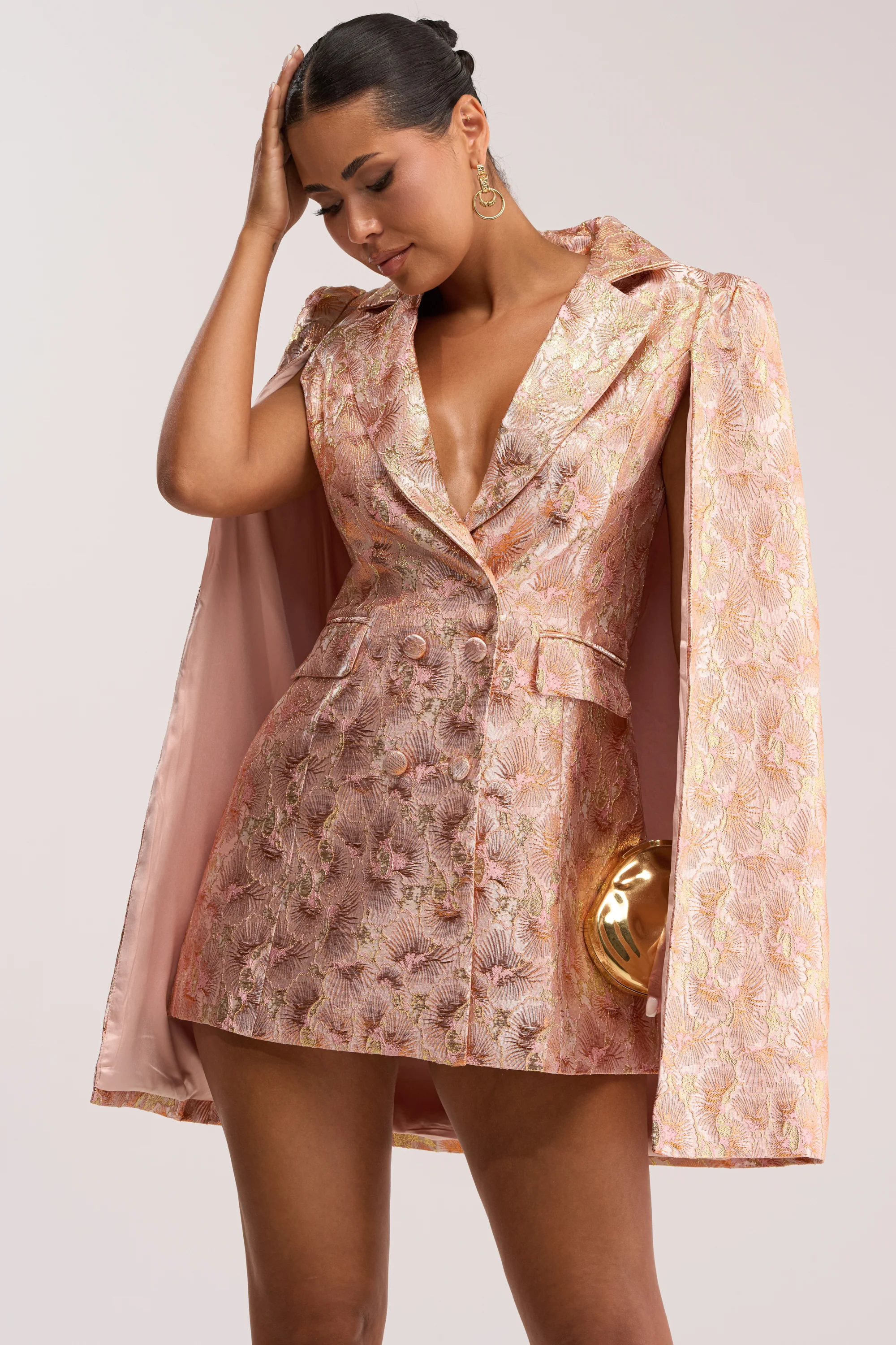 IMANI BROCADE CAPE SLEEVE BLAZER DRESS IN ORANGE - Akira Store