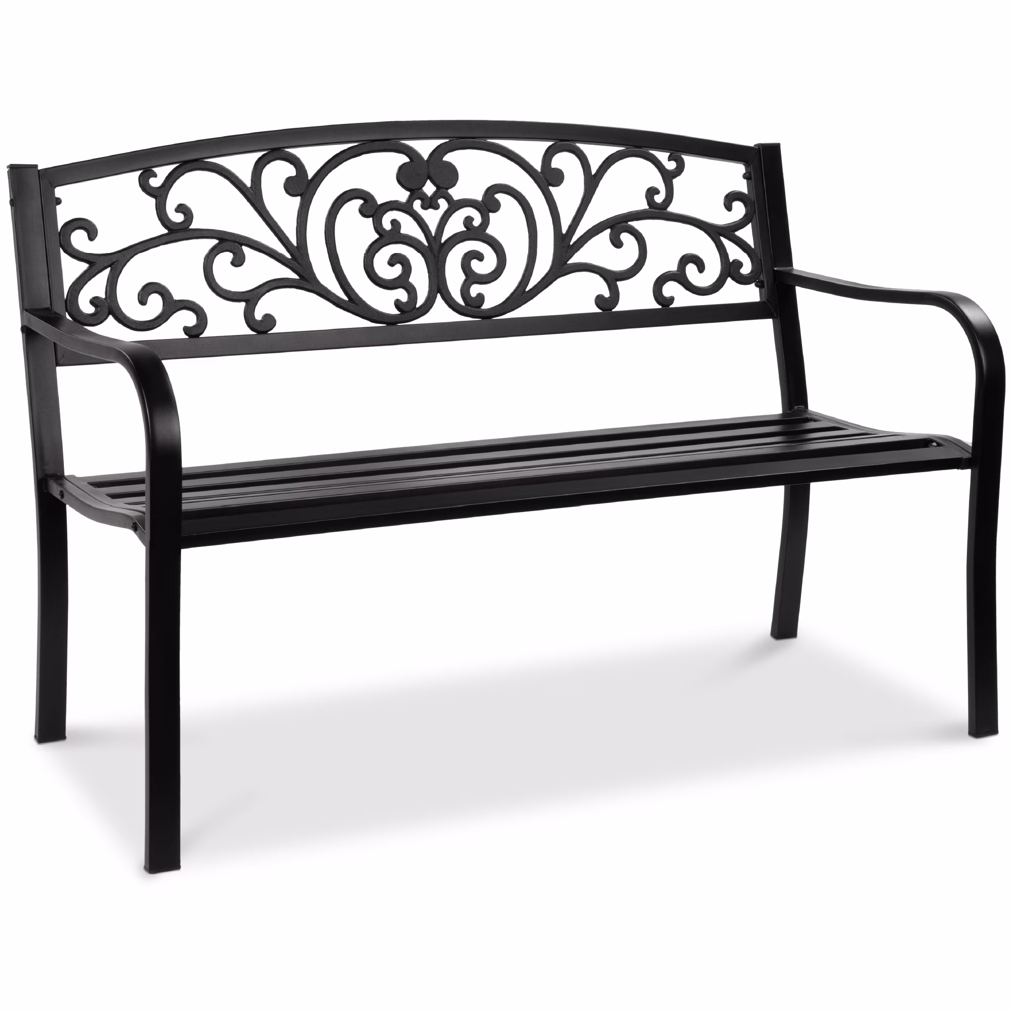 Outdoor Steel Bench Garden Patio Porch Furniture w/ Floral Design Backrest Black(Black)