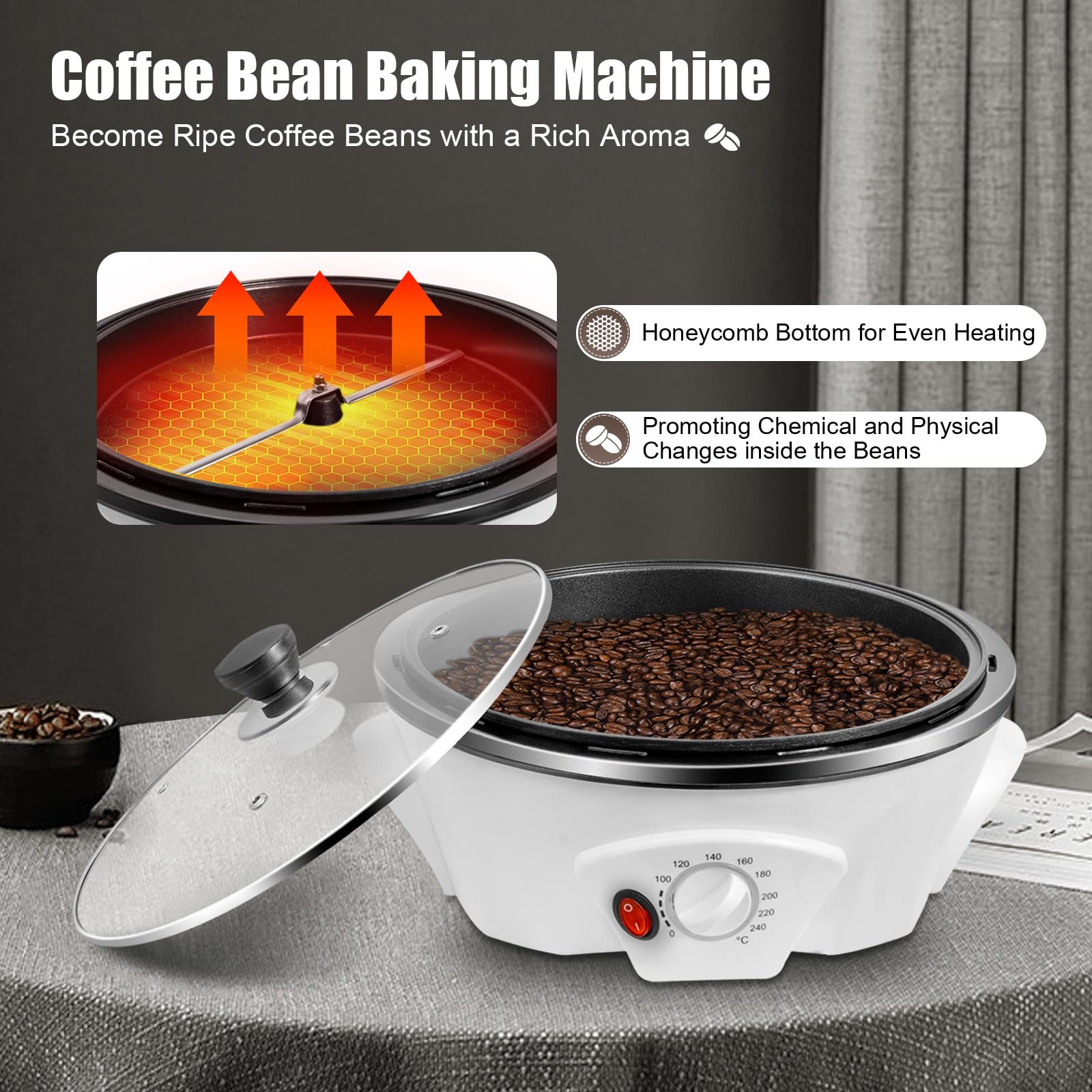 500g Coffee Bean Roaster, Household Coffee Bean Roaster Machine, Non-stick Pot Adjustable Temperature Coffee Roaster for Beginner Roasting Cafes Families Clubs