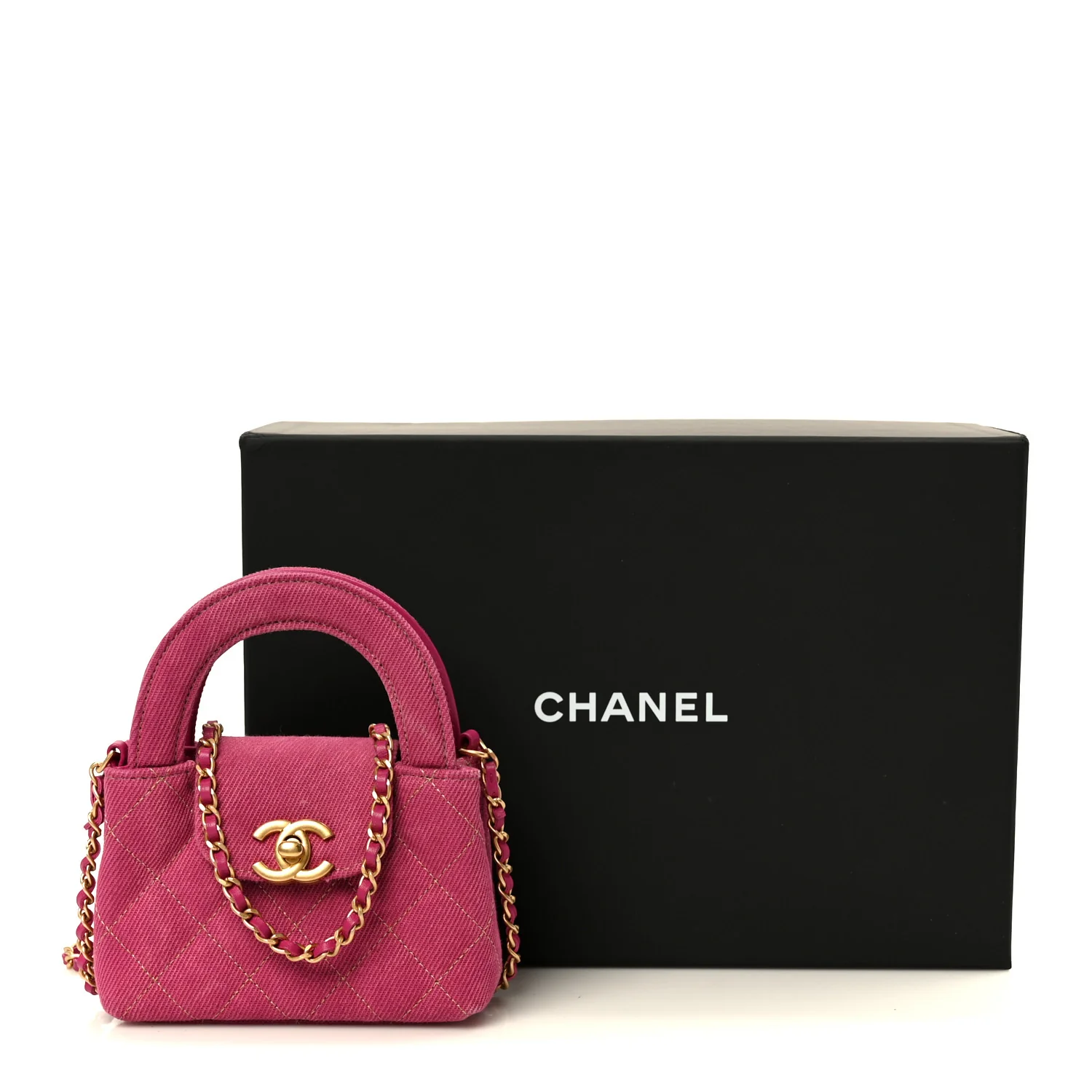 Denim Quilted Mini Nano Kelly Shopper Fuchsia