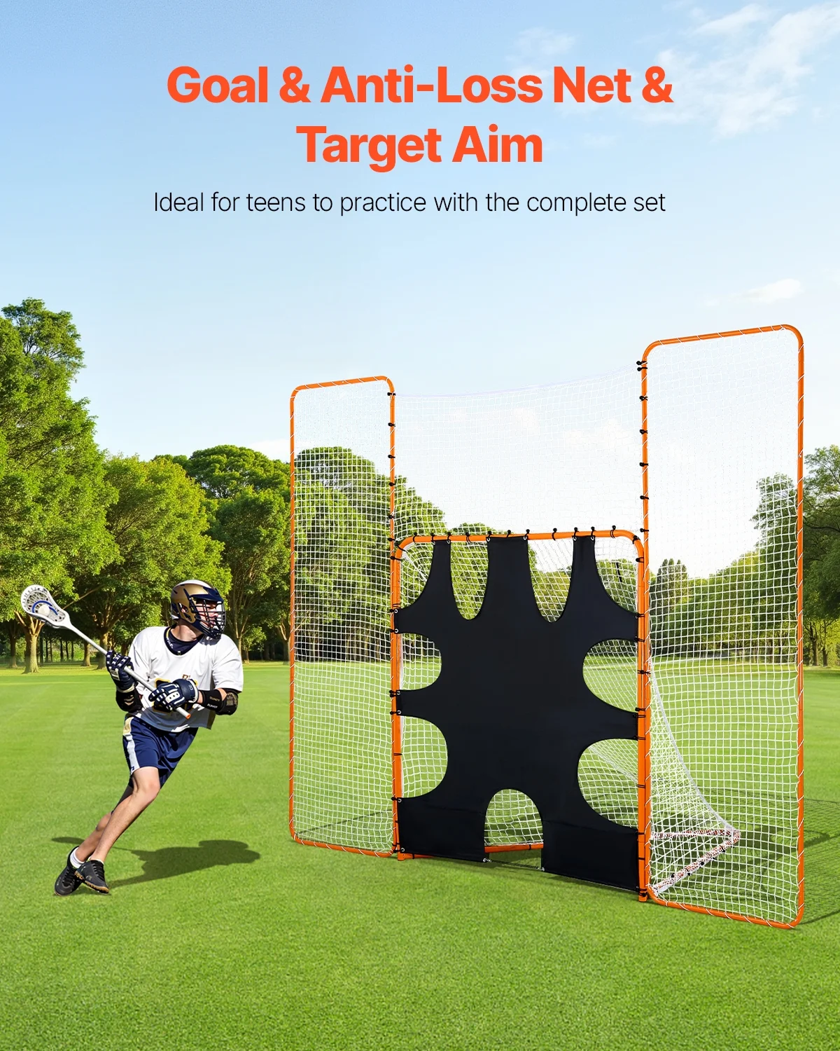 VEVOR 3 - IN - 1 Lacrosse Goal, 12x9 Ft Lacrosse Net with Backstop and Target, Quick & Easy Setup Backyard Rebounder Equipment, Steel Frame Training Nets, Suitable for Youth Adult Training, Orange