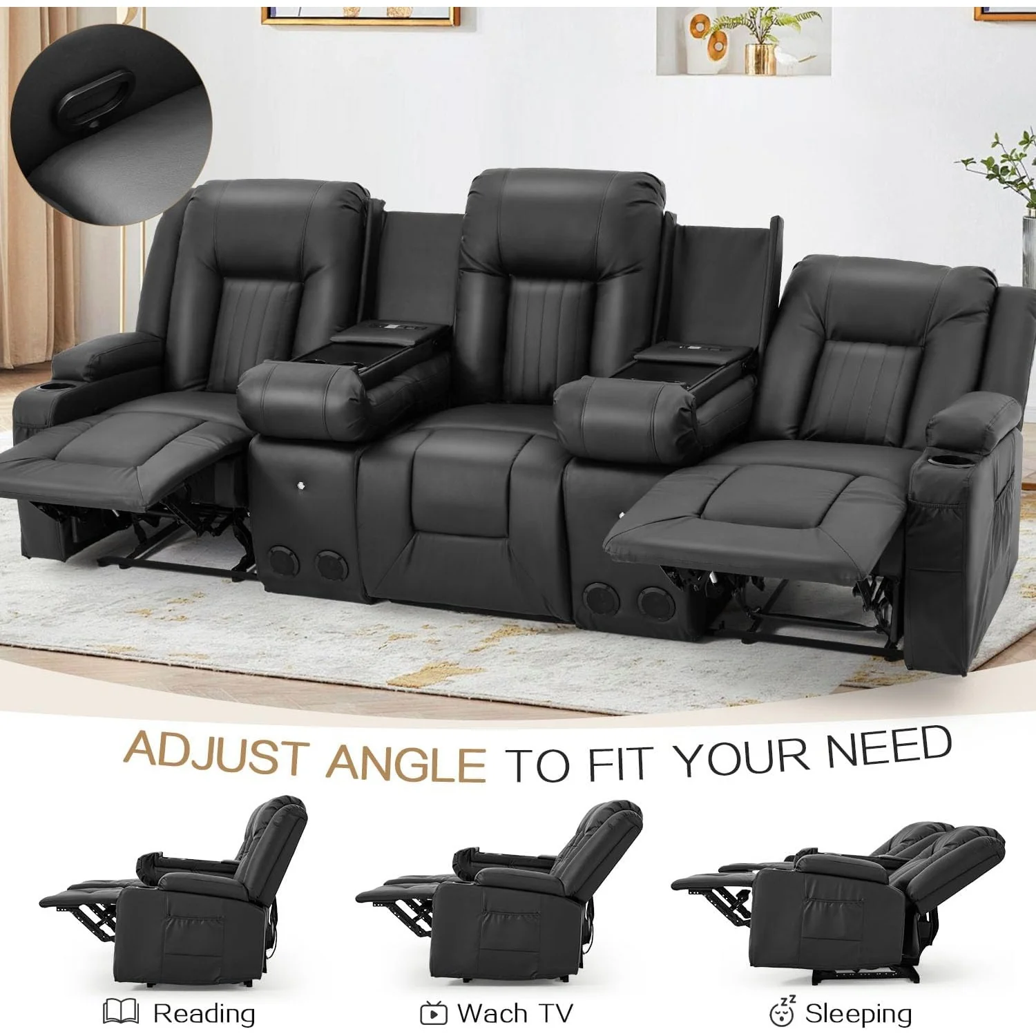 AECOJOY 3 Seater Recliner Sofa with 2 Console&Bluetooth Speakers, Black