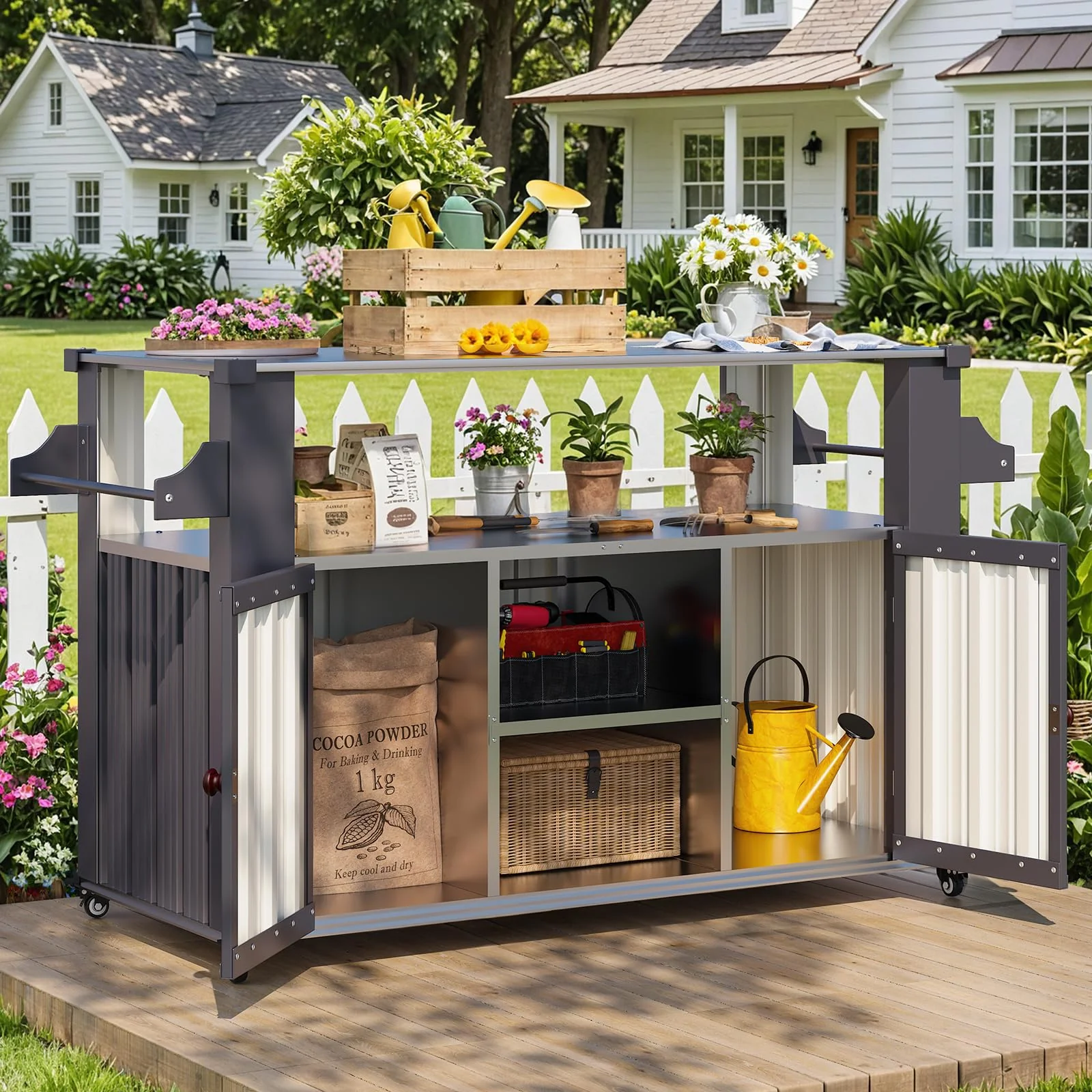 AECOJOY Outdoor Grill Table Cart with Storage Cabinet, Dark Grey
