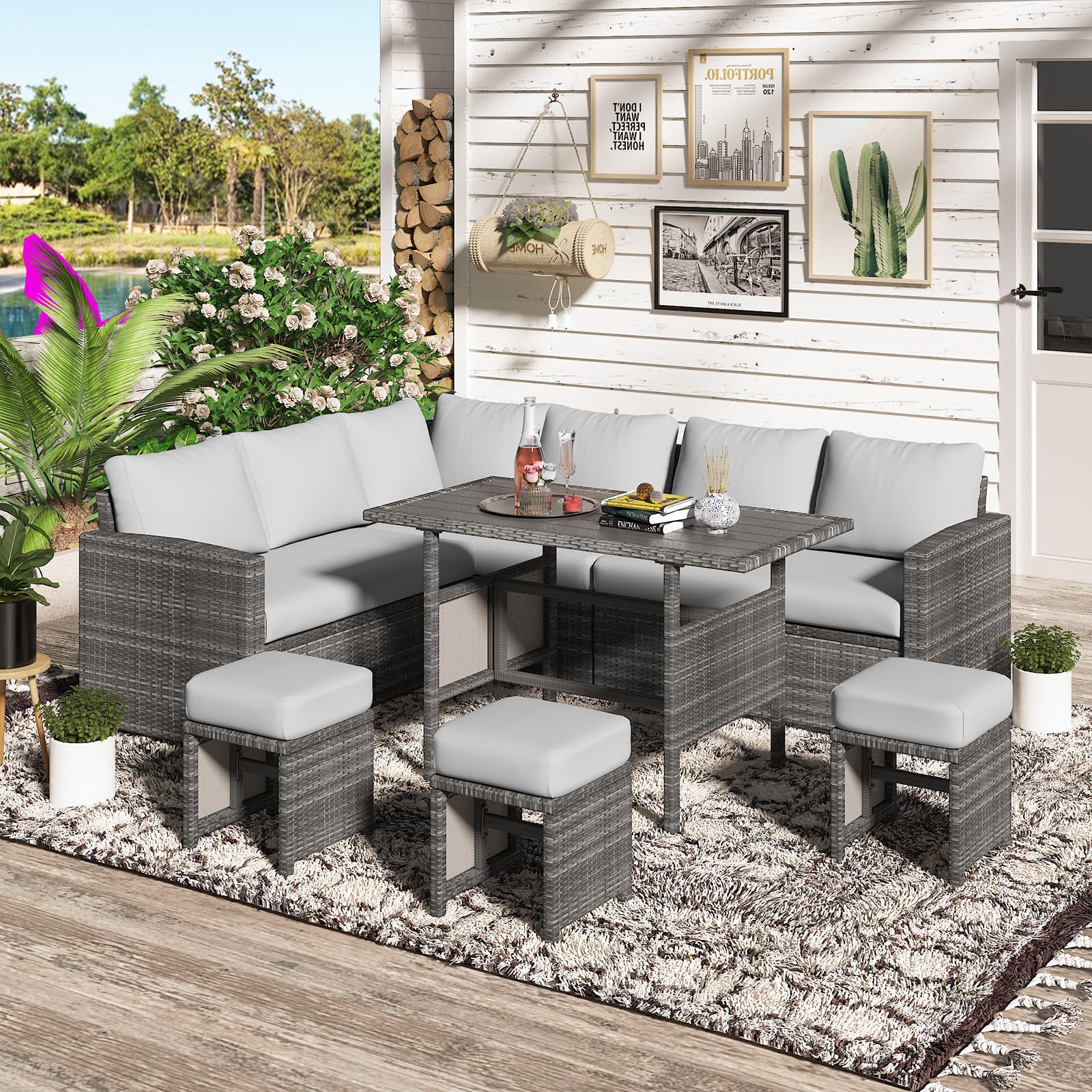 AECOJOY 7 Pieces Outdoor Wicker Rattan Dining Sofa Set, Light Grey