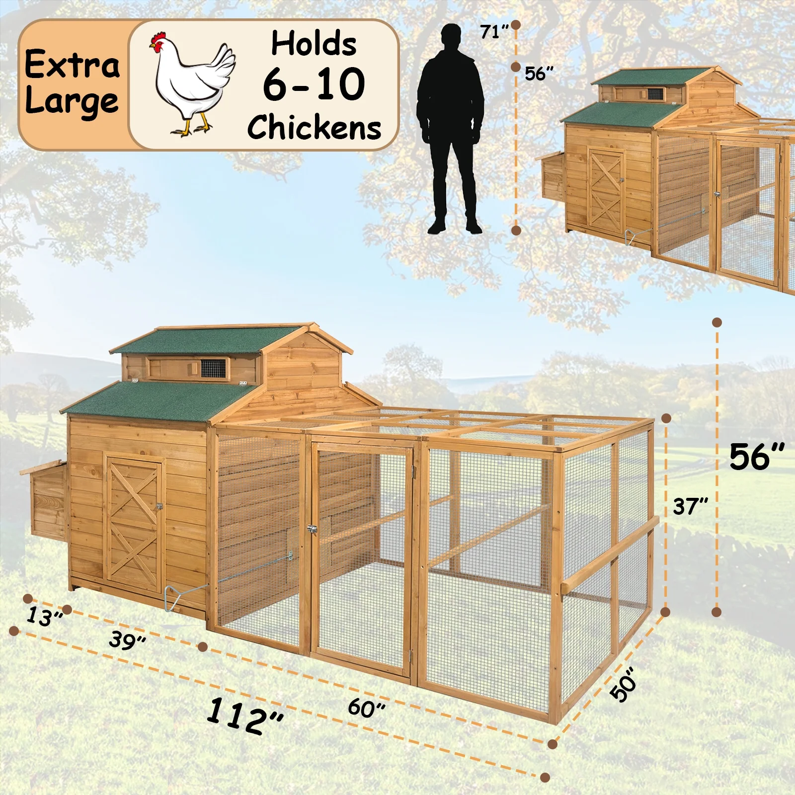 Chicken Coop for 6-10 Chickens, 112" Large Chicken Coops, with Chicken Run Nesting Box Secure Enclosure, Outdoor Wooden Hen House Hutch for Rabbit, Poultry Pet, Duck(Gray) - Image 9