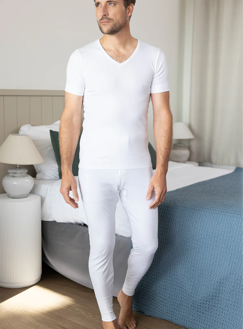 Caleçon long homme ouvert en coton blanc