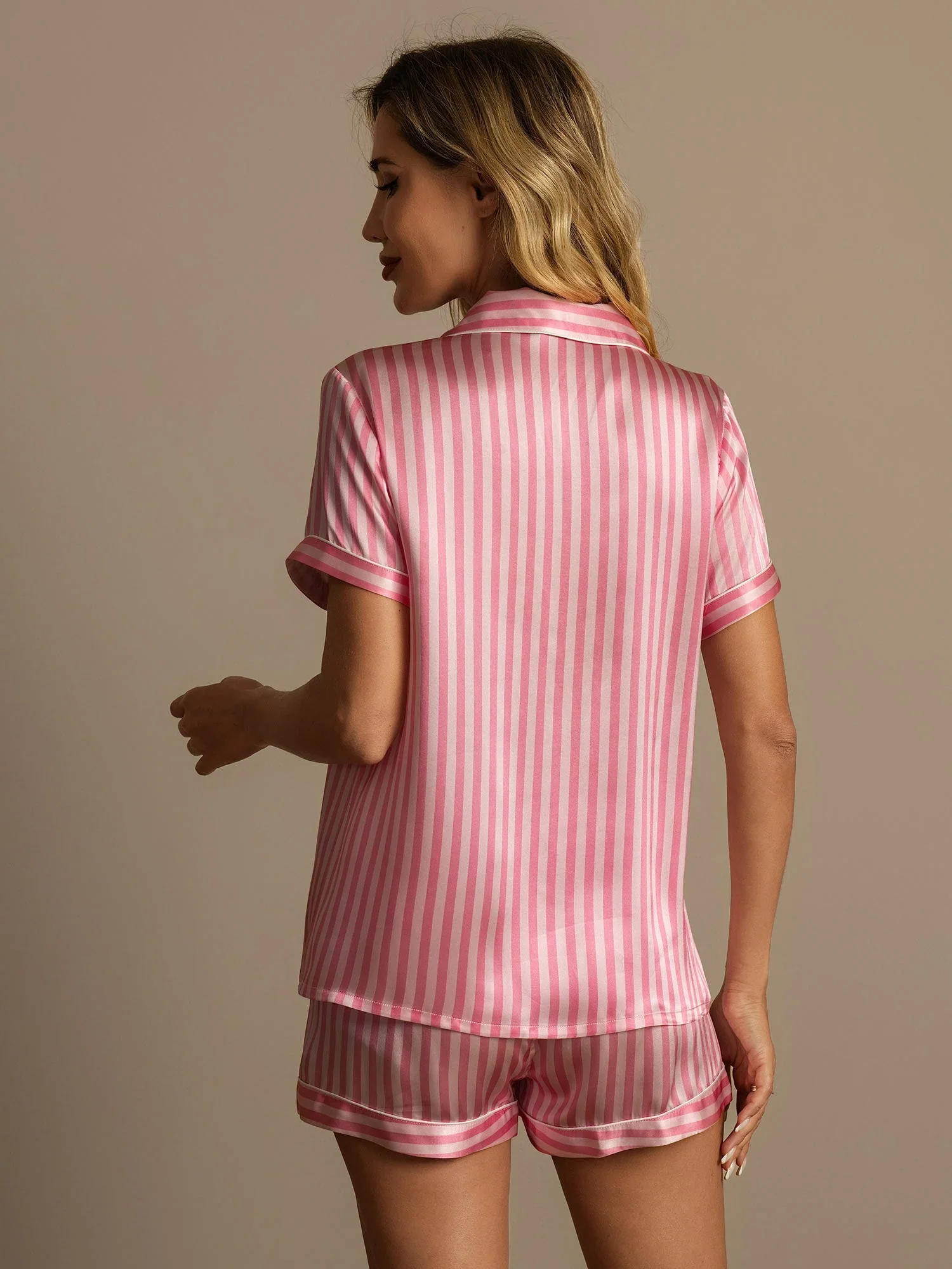 Women's Pure Silk Stripe Print Short Sleeve Notch Collar Pajamas Set With Shorts