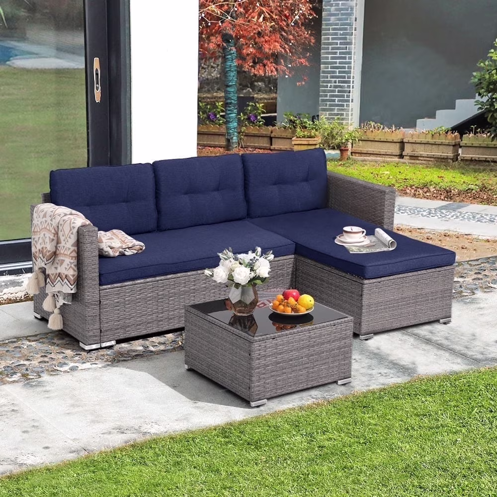 3 Pieces Patio Conversation Set, PE Wicker Rattan Outdoor Furniture Set, 2 Ways Small Sectional Sofa, Tempered Glass Coffee Table, Silver-Gray(Silver-Gray) - Image 5