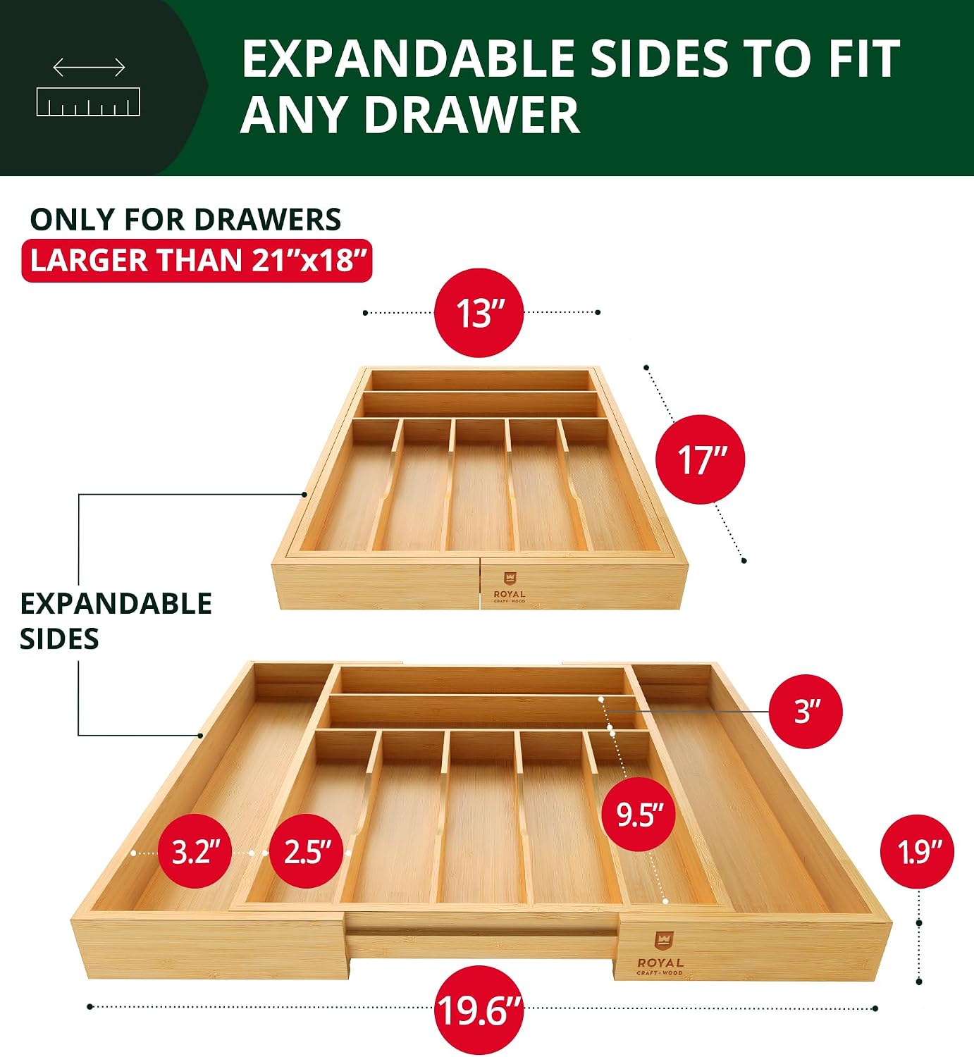 ROYAL CRAFT WOOD Luxury Bamboo Kitchen Drawer Organizer - Silverware Organizer, Utensil Holder & Cutlery Tray Drawer Dividers for Flatware (9 Slots, Natural)