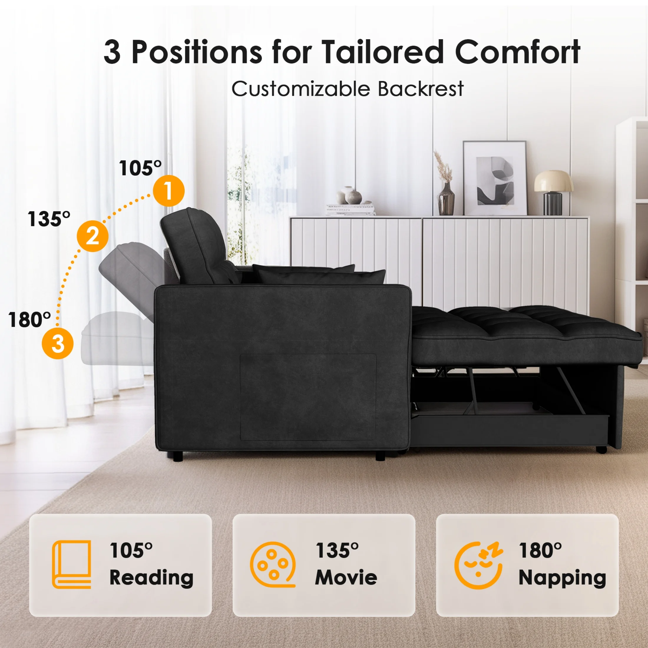 Convertible Sofa Bed, 3 in 1 Pull Out Sleeper Loveseat Couch with Storage, Black(Black) - Image 4