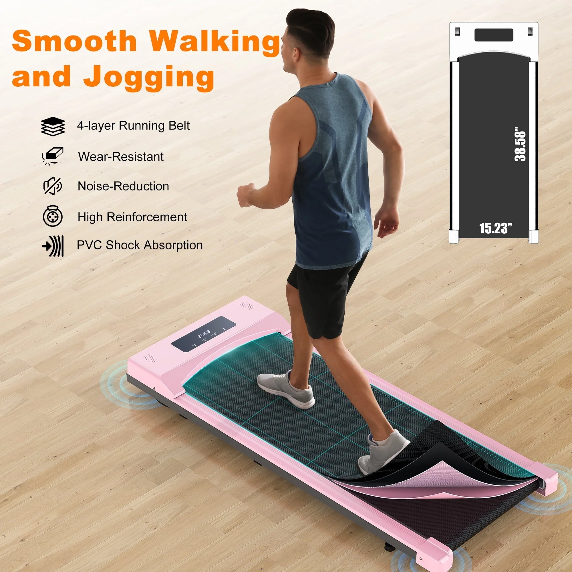Adnoom Under Desk Treadmill,2 5HP Installation Free Slim Flat Compact Treadmill,Electric Quiet Walking Treadmill with LED Display and Wireless Remote Control for Home/Office (pink) Image 4