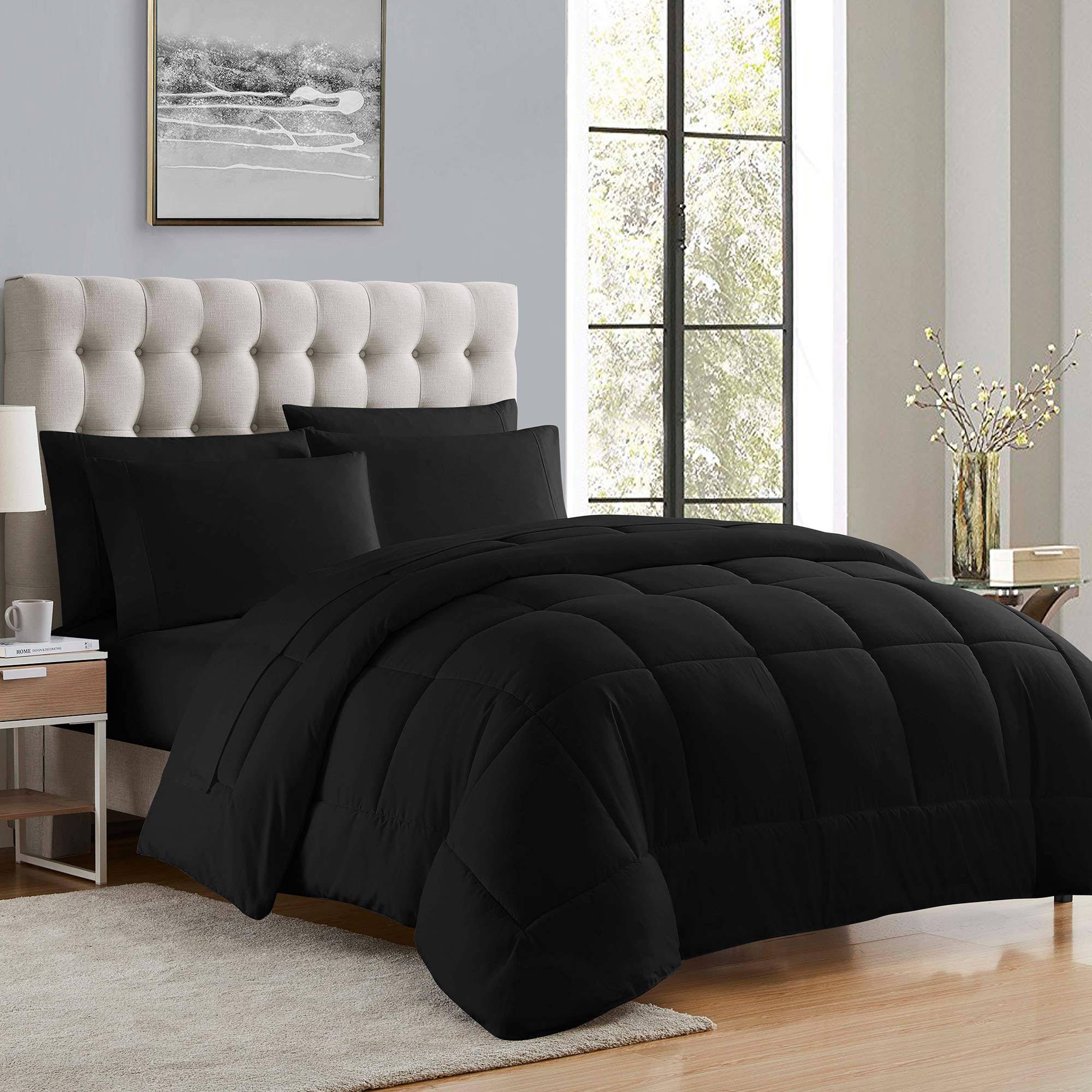 Sweet Home Collection Down Alternative Comforter All Season Warmth Bed Sheets Bedding Black : Queen